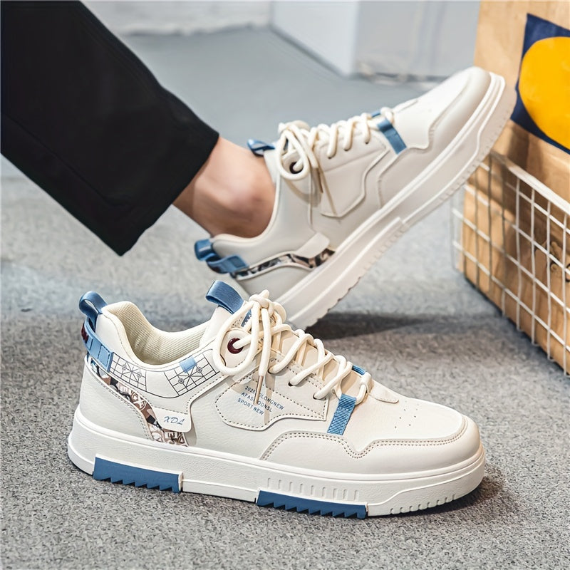 Men's Skate Shoes with Good Grip & Breathable Design - PU Upper, Cushioned PVC Sole, Black/Blue Letter Pattern Lace-Up Sneakers for All-Season Casual & Sports Wear, Allseason Shoes | Modern Casual Shoes | Comfortable Wear