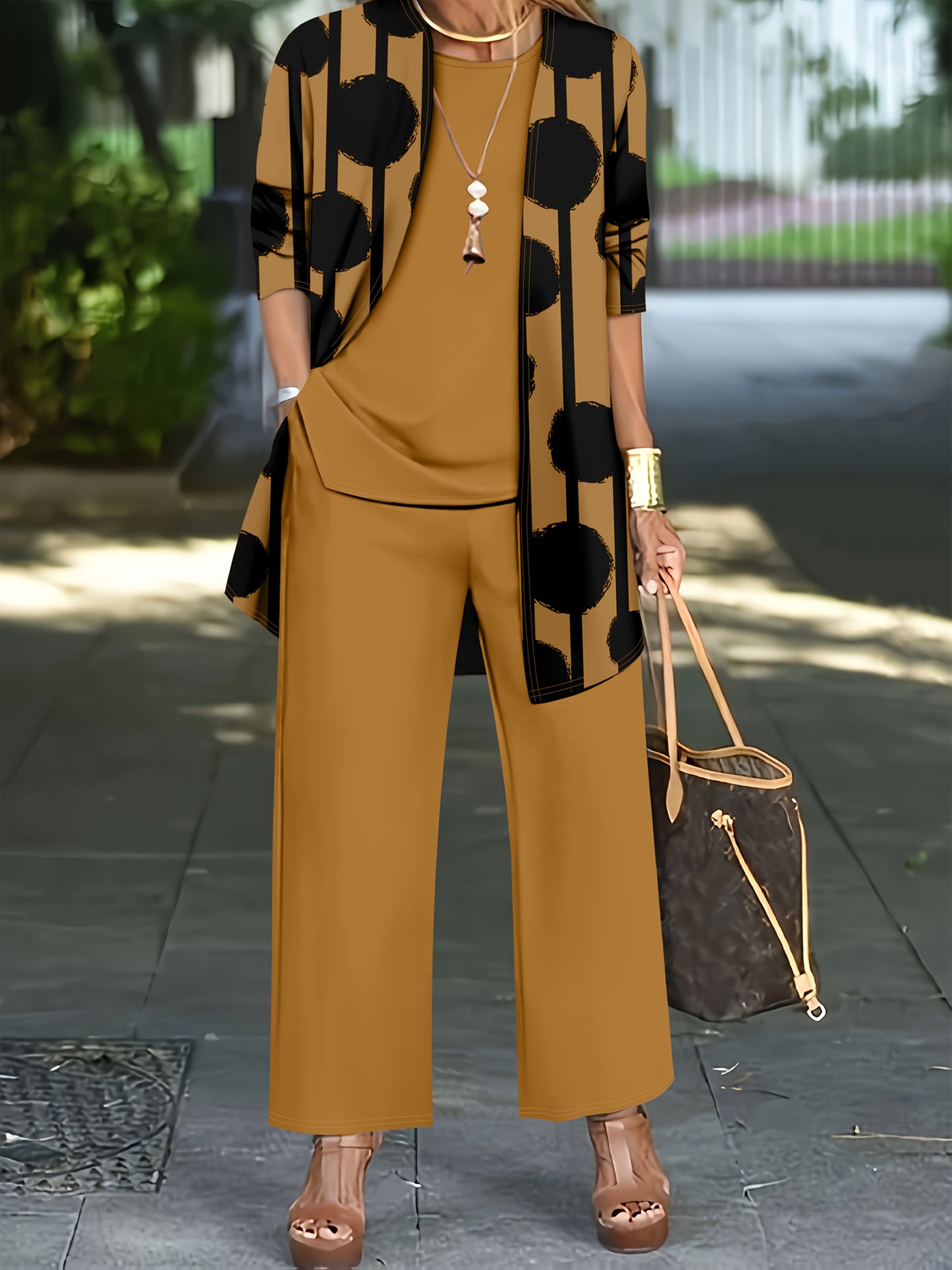 Women'S 3pcs Set, Polka Dot Print Cardigan & Solid Color Vest Casual Pants Daily Outfit