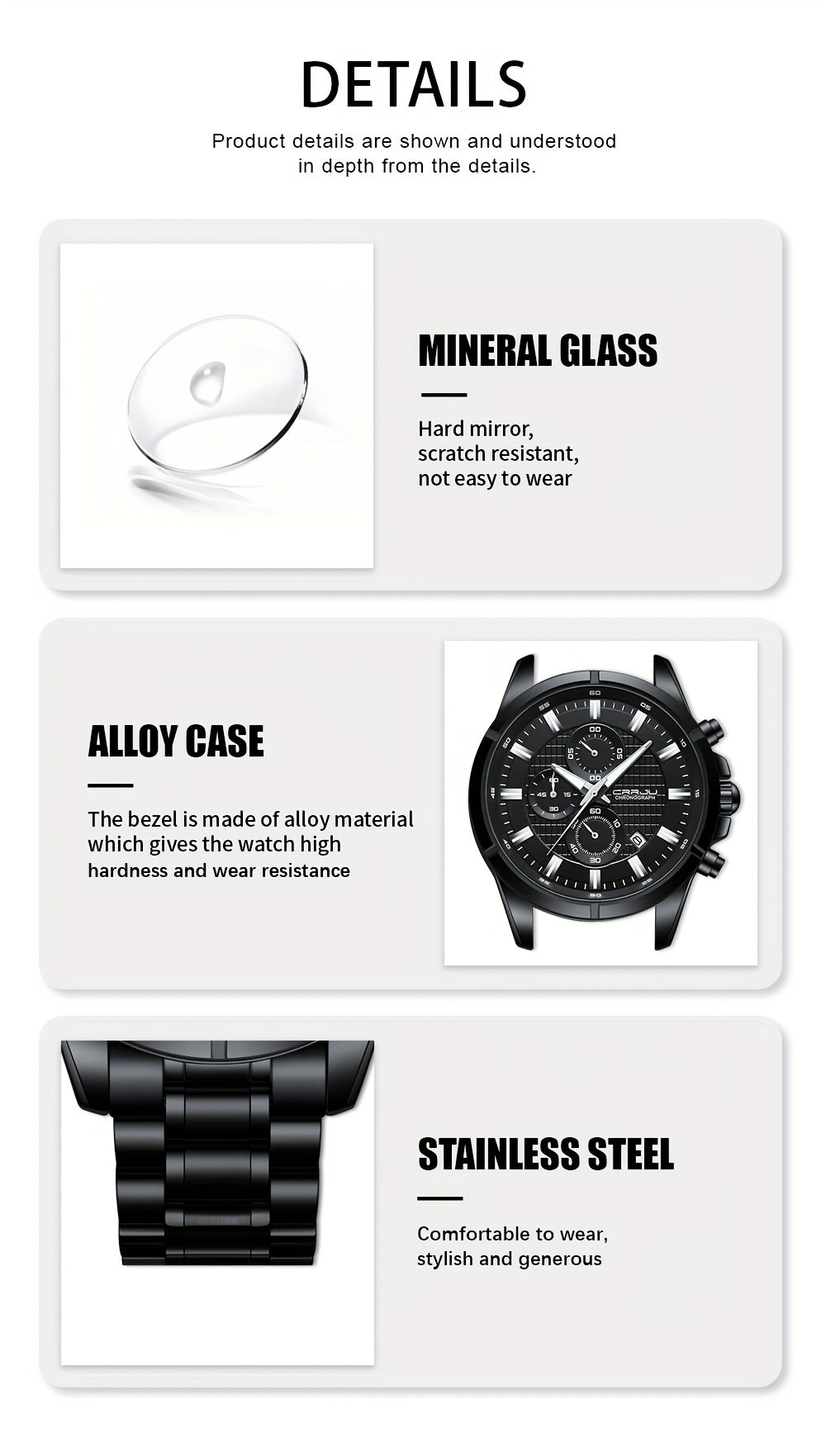 CRRJU Fashion Men's Watch, Business Solid Stainless Steel Multifunctional Chronograph Watch