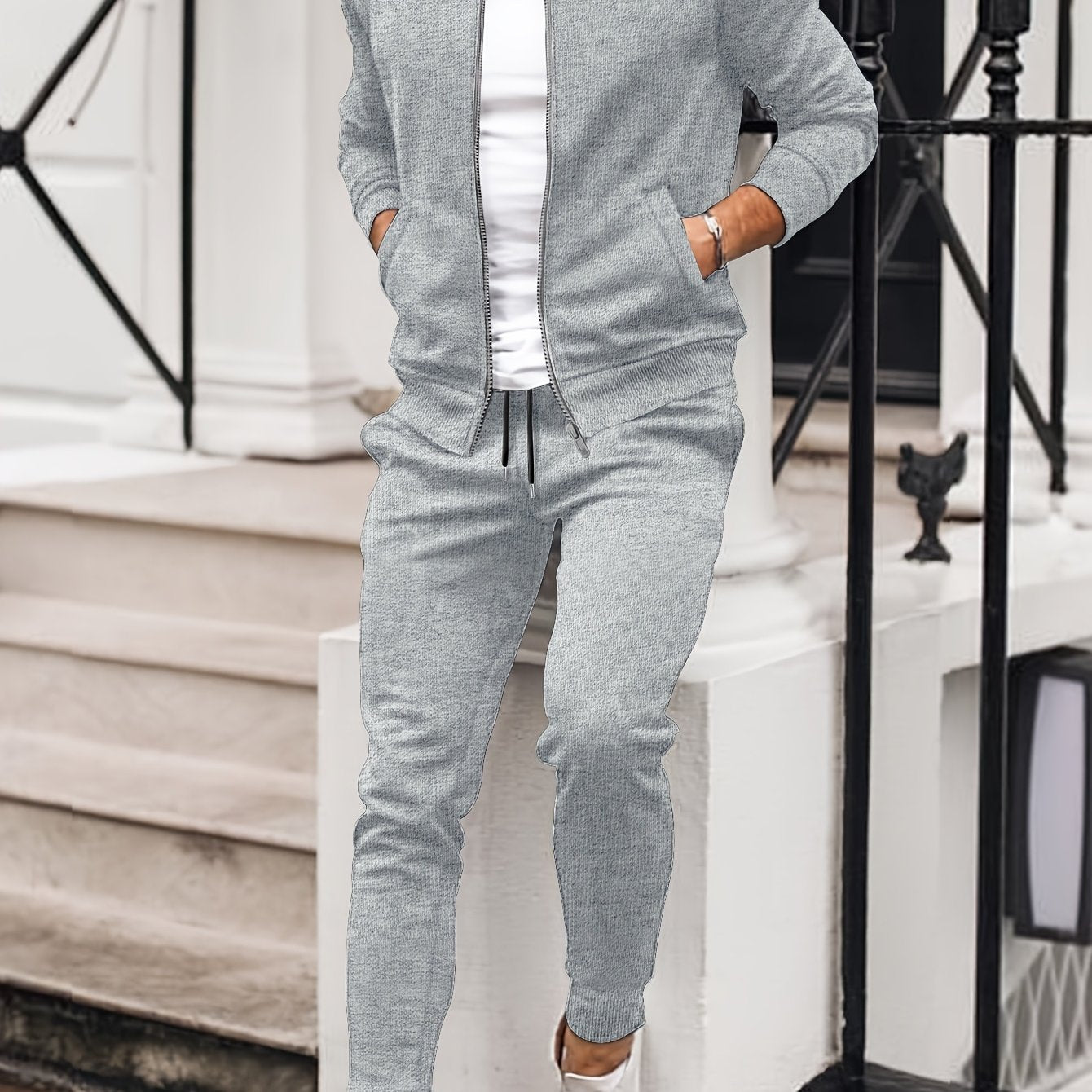 Men'S Casual Polyester Sweatsuit Set with Baseball Collar and Slight Stretch - Solid Color Long Sleeve Knit Fabric Track Suit for Fall/Winter