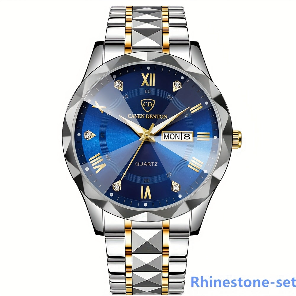 Fashionable Men'S Quartz Watch with a Diamond-shaped Dial, IPX7 Waterproof, Dual Calendar, Luminous Steel Strap, Business Watch