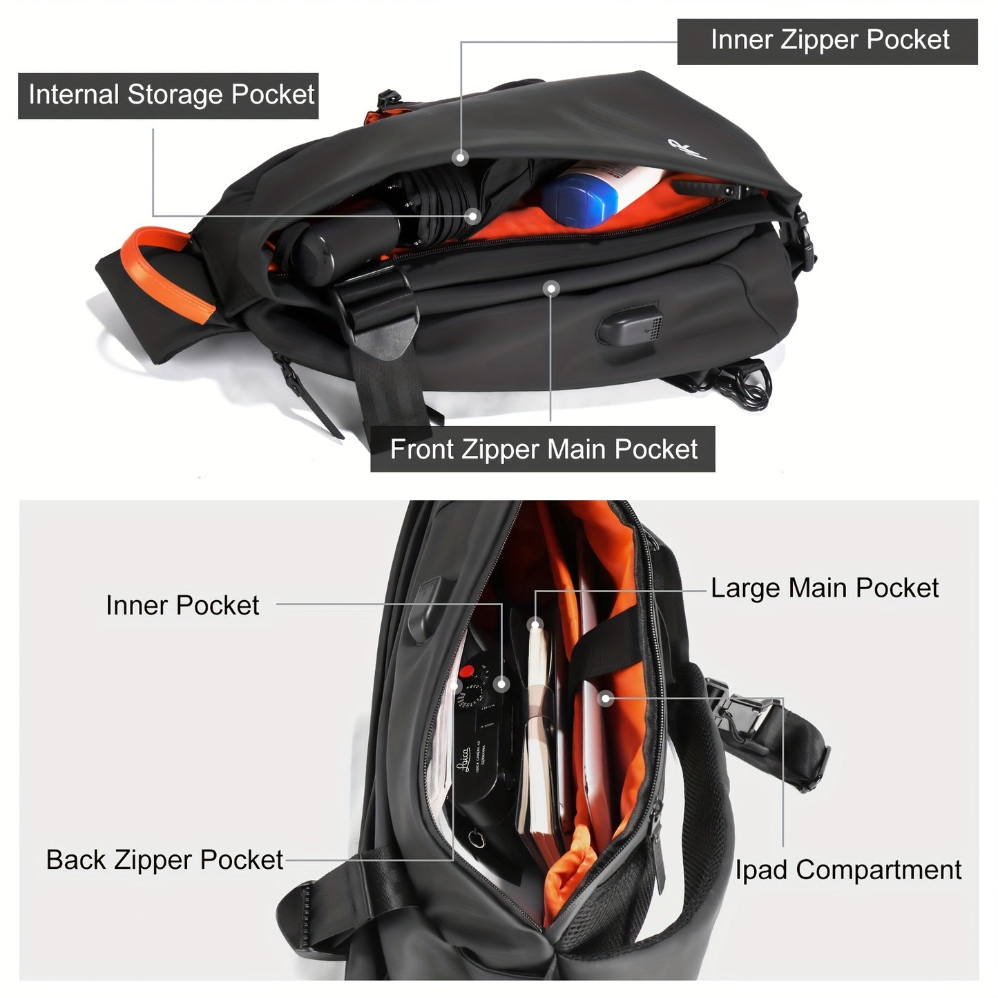 Men'S Casual Sling Bag - Trendy Black Crossbody with Adjustable Strap, Multiple Compartments for Travel, School & Daily Use, Lightweight & Stylish Design, Travel Bag