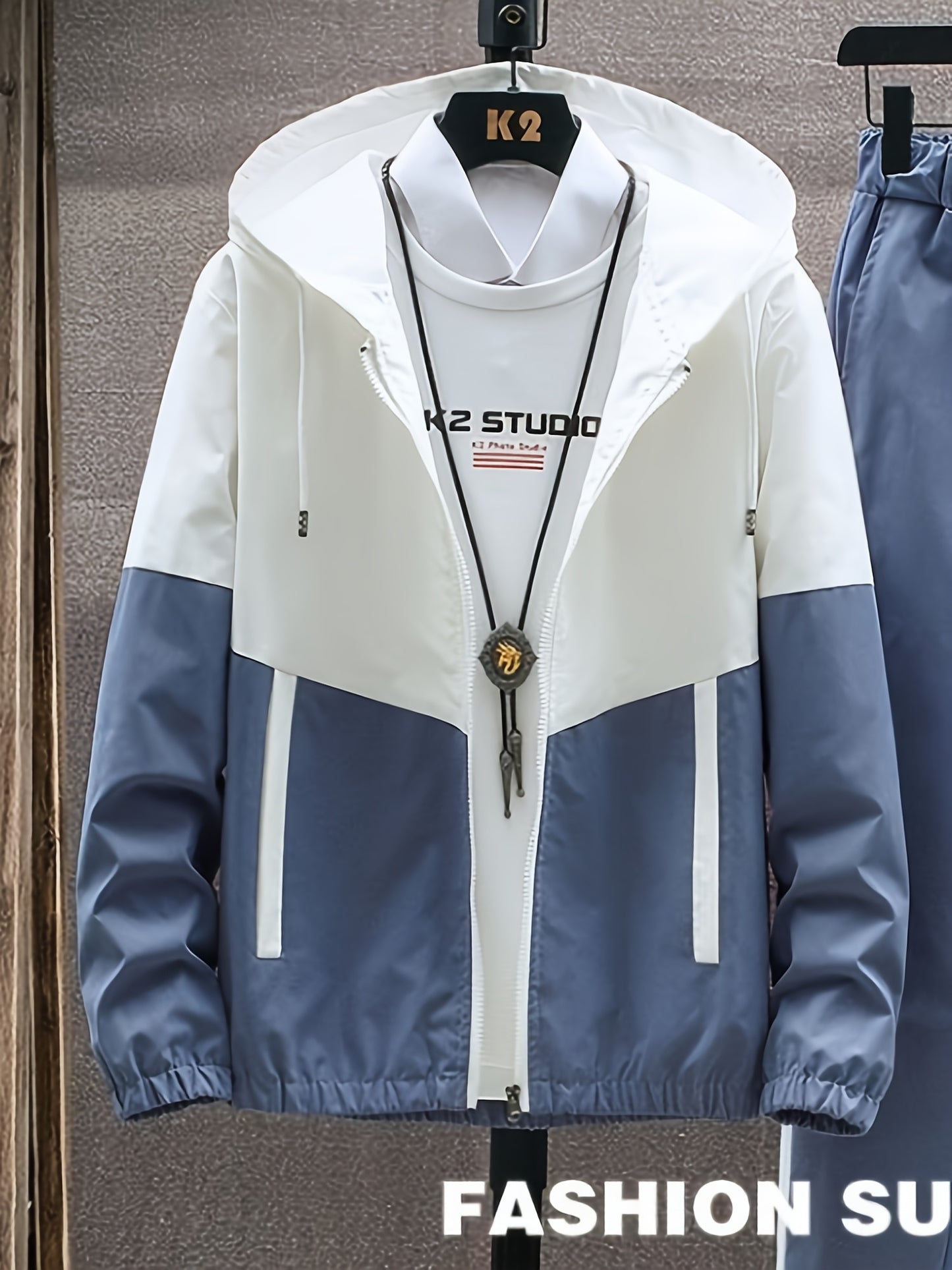Men's Spring Autumn Outdoor Sports Training Casual Color Block Stitched Hoodie Adjustable Set Home Top and Pants Fashionable Windproof Jacket Pants Two-Piece Suit