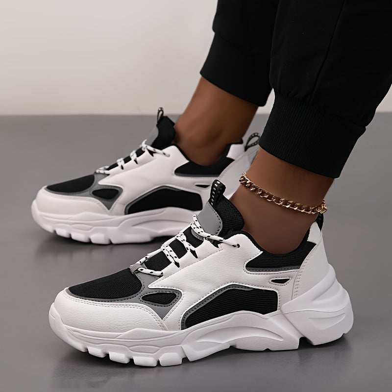 Men's Casual Athletic Sneakers, Lightweight Breathable Lace-Up EVA Sole Low-Top Sneakers, Black & White Color Block