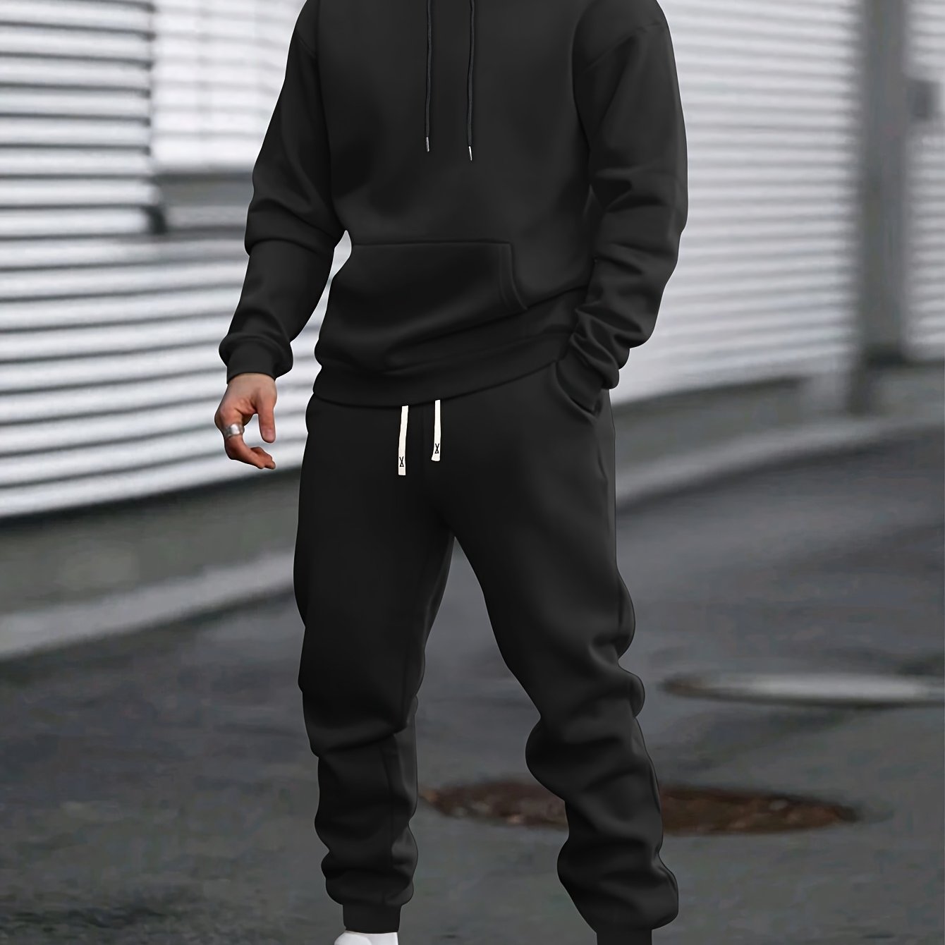 1set Men'S Casual Sports Suit, Polyester Hooded Sweatshirt and Jogger Pants Set, Solid Color, Elastic Waist, Cuffed Ankles, Knit Pullover with Pockets, Regular Fit for Outdoor Running and Jogging - Spring/Autumn Collection