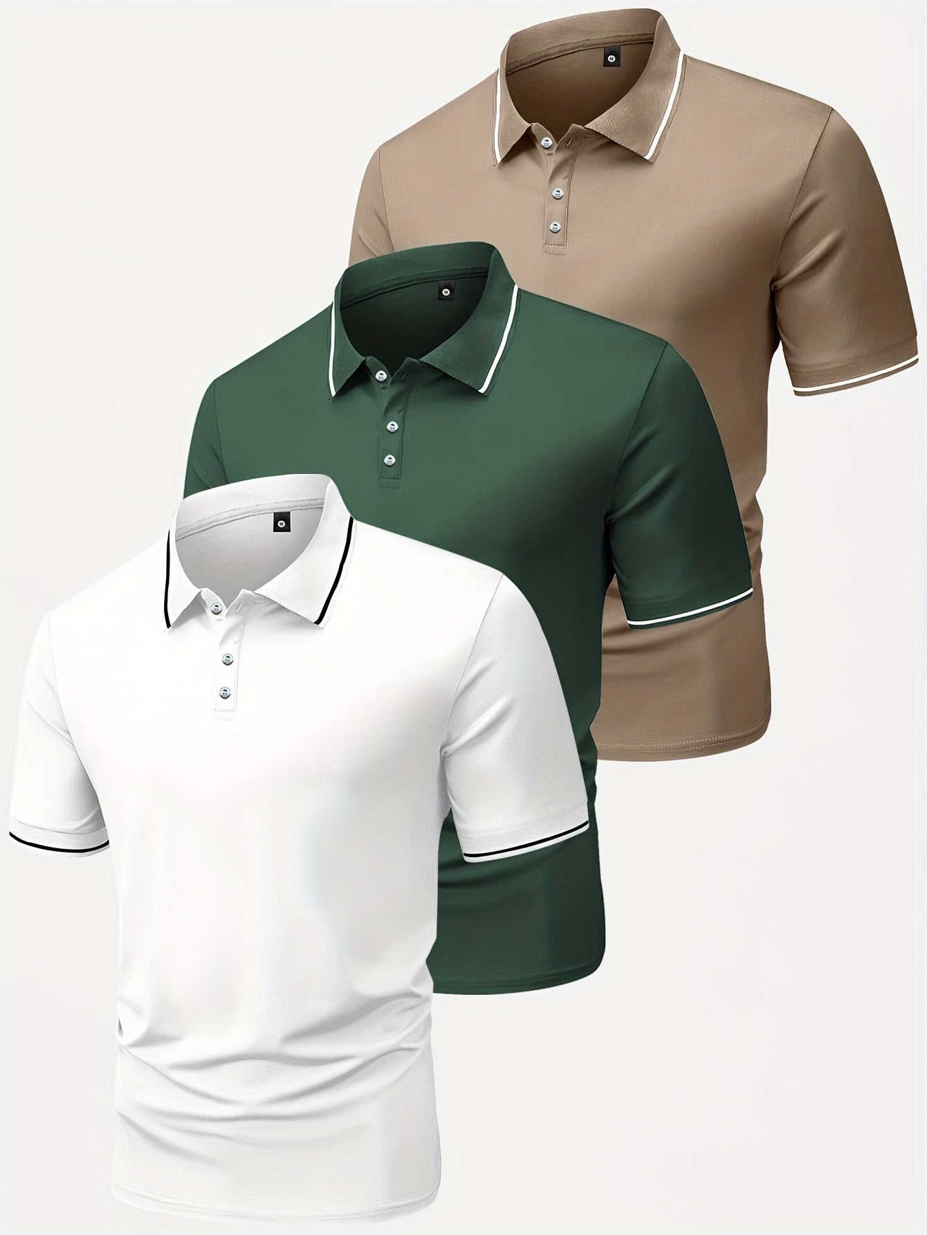 3pcs Men's Casual Fashion Shirts - Breathable Polyester, Short Sleeve, Button-Up with Classic Collar - Machine Washable, Summer Essentials in Black, White, and Beige