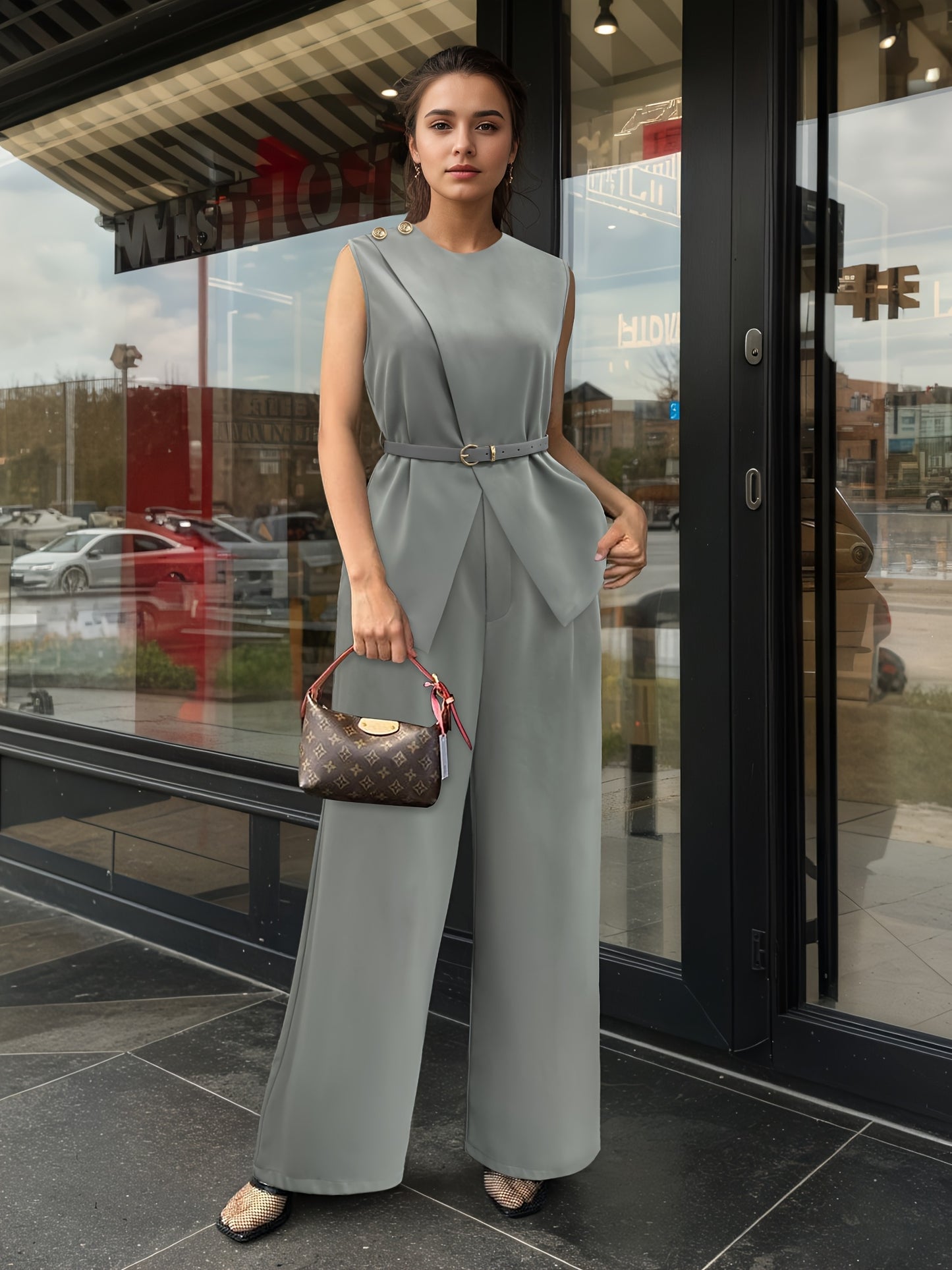 Urban Commute Casual Elegant Two-Piece Set with Unique Cross-Cut Sleeveless Belted Waist Design High-Waisted Wide-Leg Pants, Comfortable and Versatile for Various Occasions