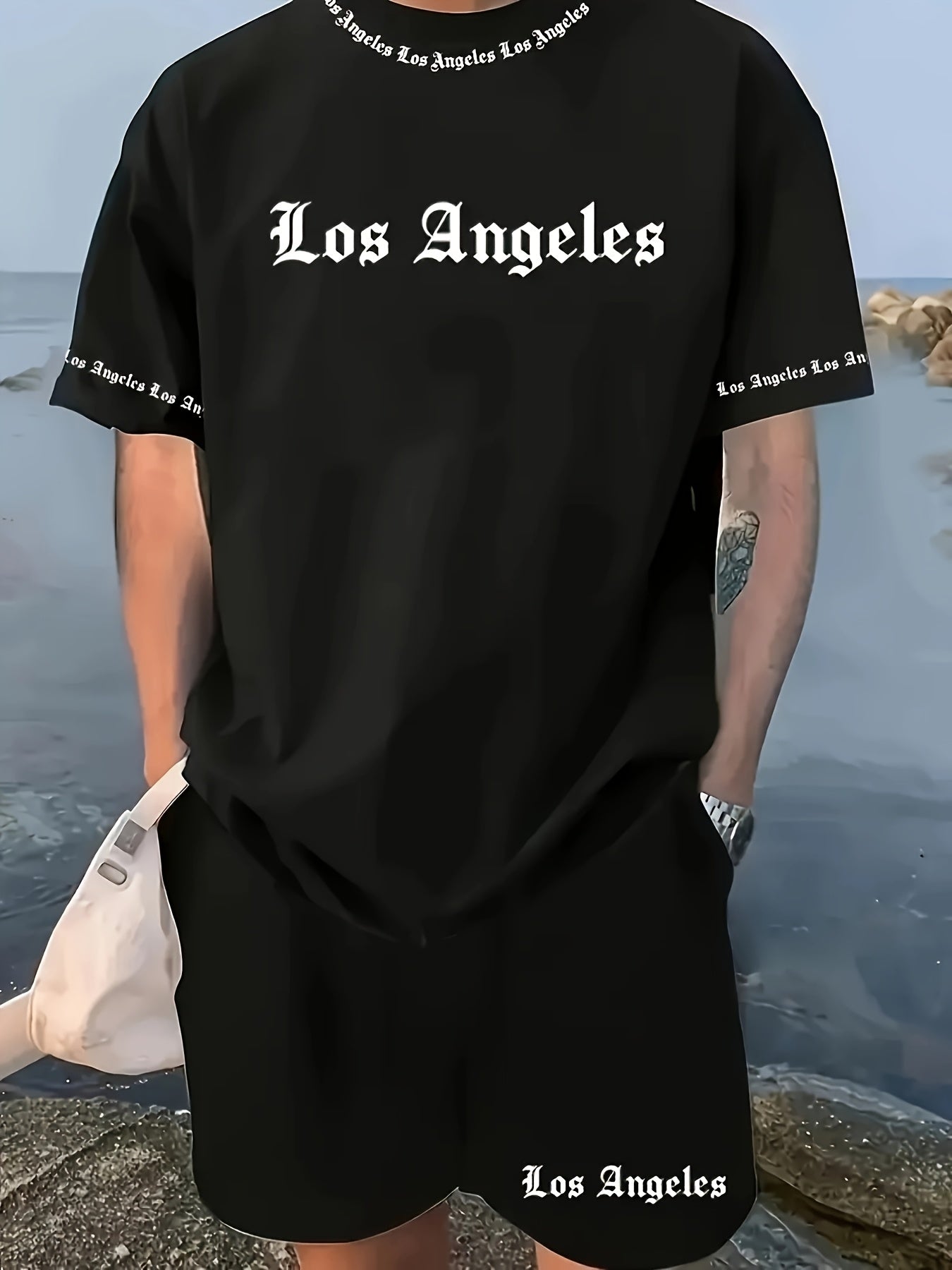 Men'S Los Angeles Graphic Print Casual Sportswear Set - Breathable Summer Short Sleeve T-Shirt & Drawstring Shorts with Pockets, Regular Fit, Crew Neck, Comfortable & Stylish for Casual Attire, Leisure Clothing | Trendy Sport