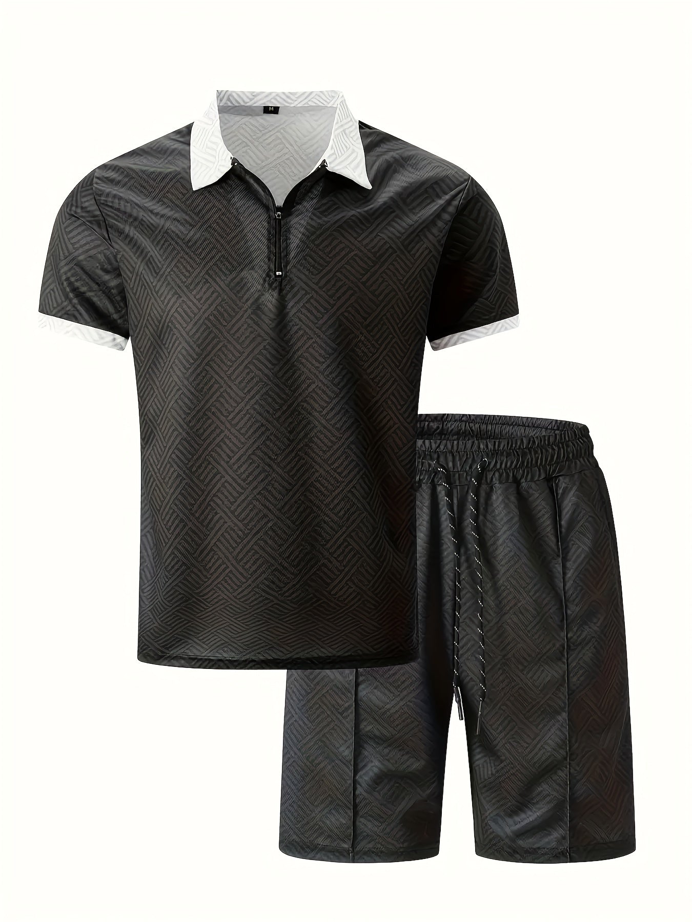 Men'S Tropical Print Casual Suit - Black Short Sleeve Zipper Shirt with White Pockets Shorts, Polyester, Machine Washable, Summer Beachwear, Summer Wear | Relaxed Fit Shirt | Woven Texture