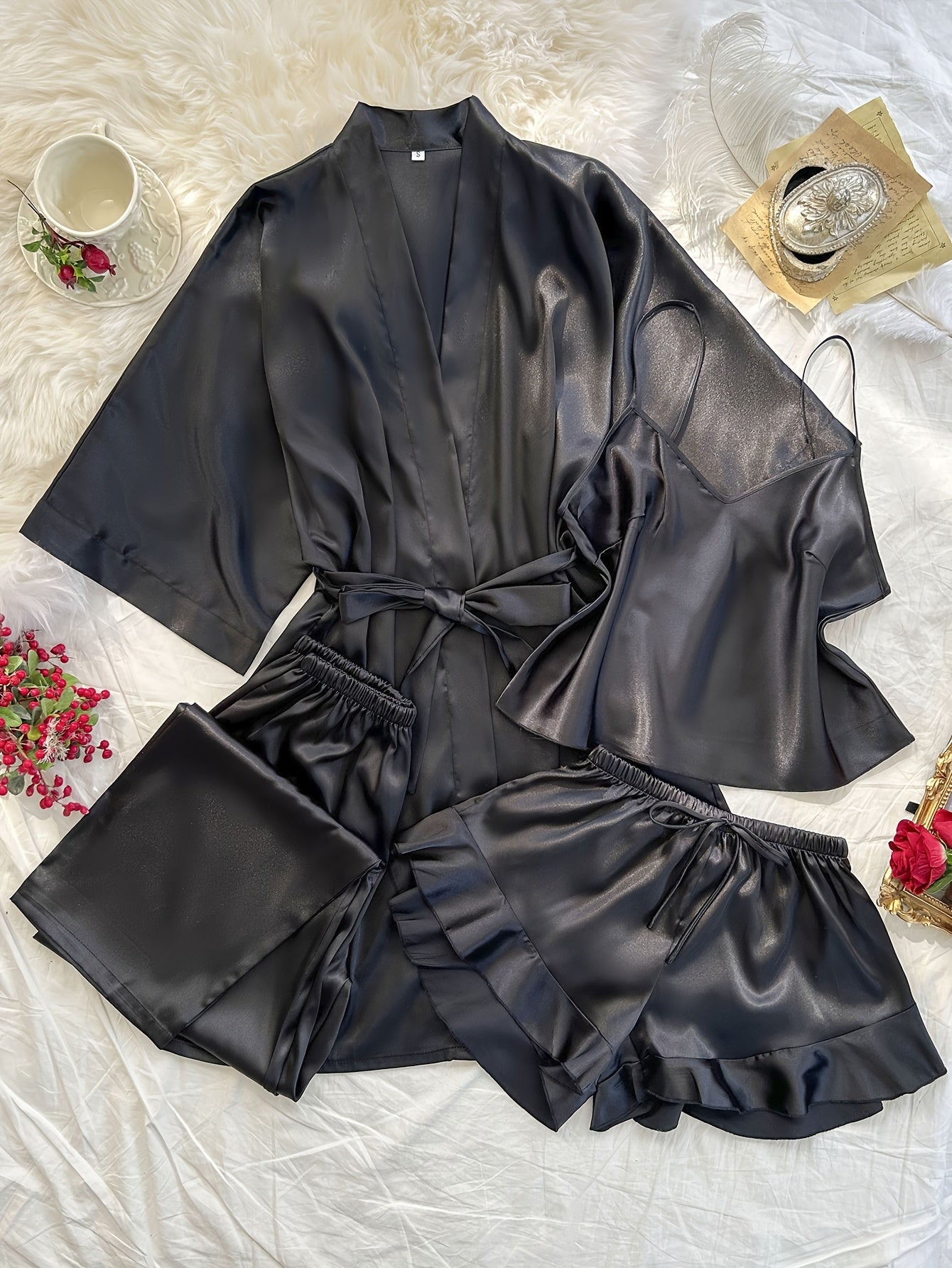 Women'S All-Season V-Neck Pajama Set - Comfortable, Sexy, Polyester 4pcs Sleepwear with Tie Waist And Drawstring Shorts, Perfect for Autumn And Winter, Autumn Winter Sleepwear | Stylish Sleepwear | Polyester Fabric