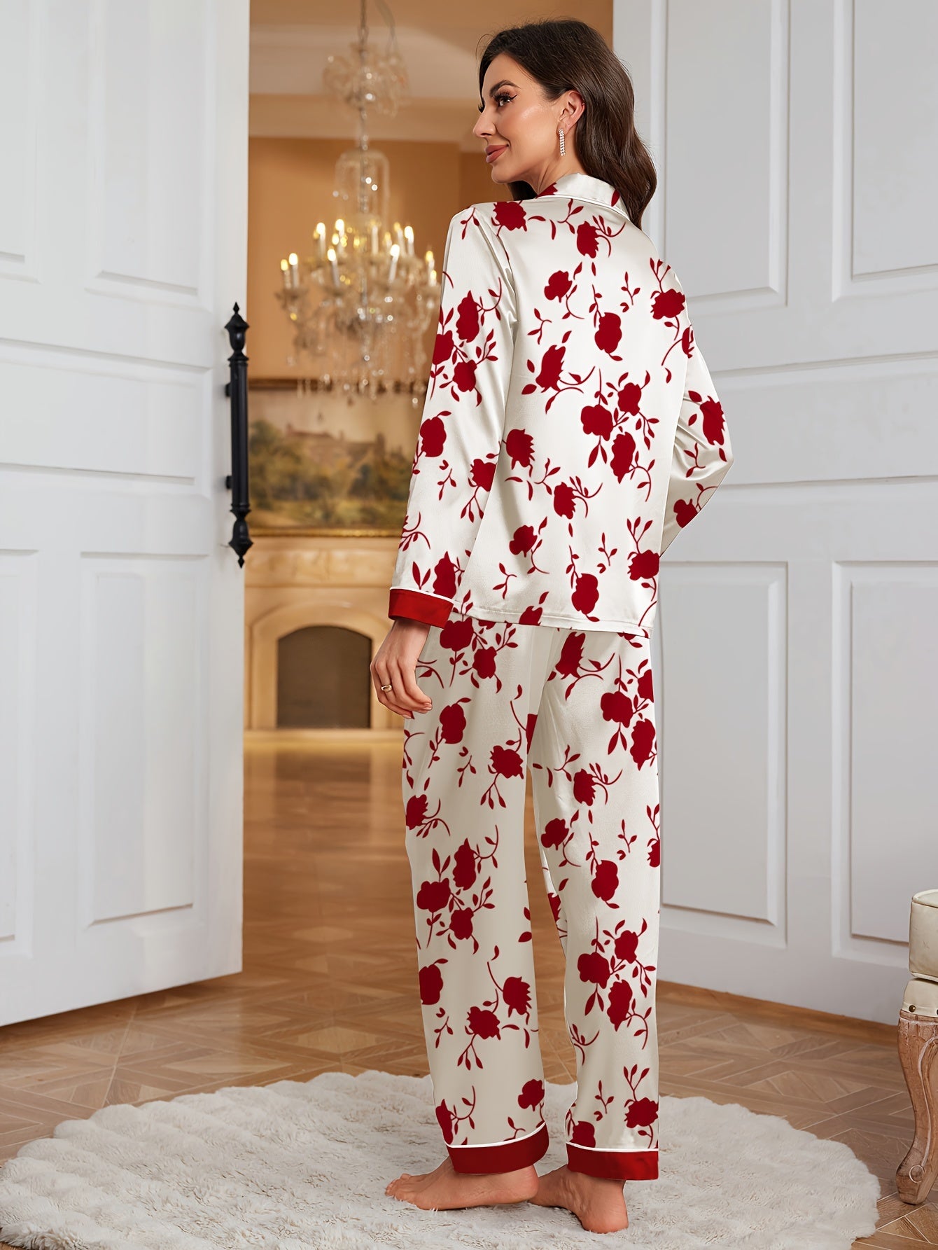Elegant Satin Pajama Set for Women, Long Sleeve and Pants, Floral Print, Lapel Collar, All Season Basics, 90% Polyester 10% Elastane, Woven Fabric, Comfortable Sleepwear