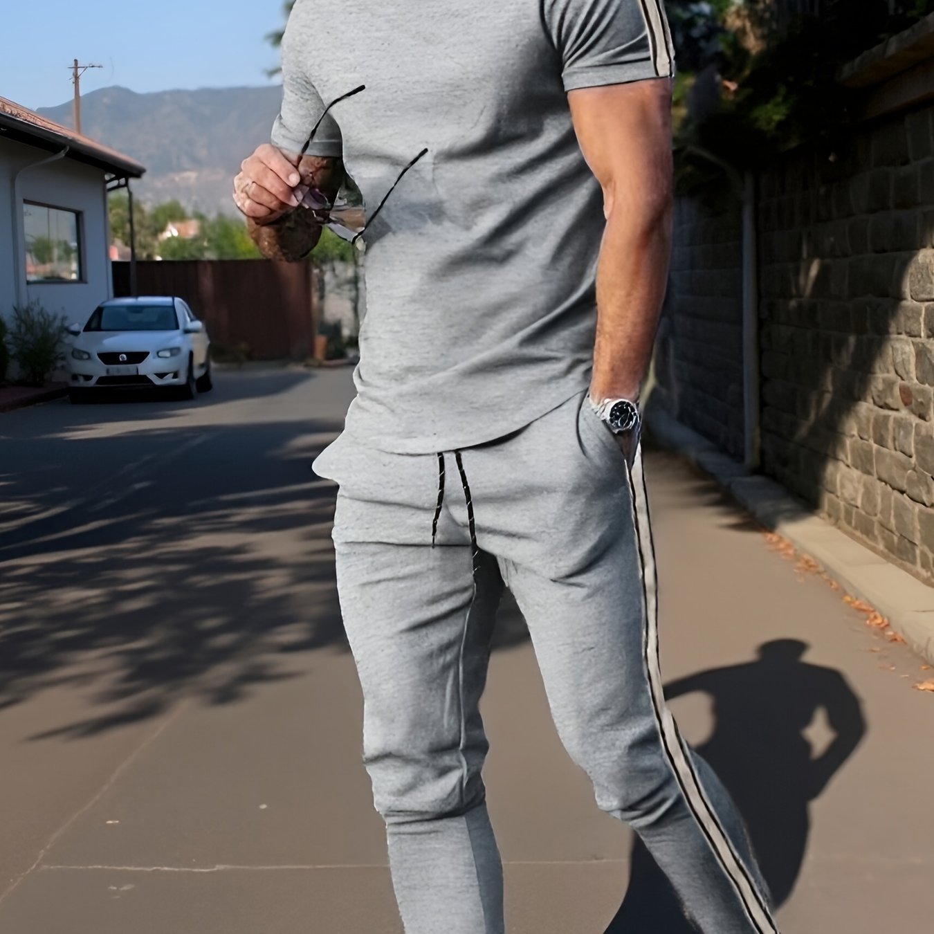 Cross-Border New Summer 2pcs Short-Sleeved T-Shirt And Long Pants Casual Men'S Casual Outdoor Sports Suit, Side Stripe Casual And Fashionable Men'S 2pcs Set
