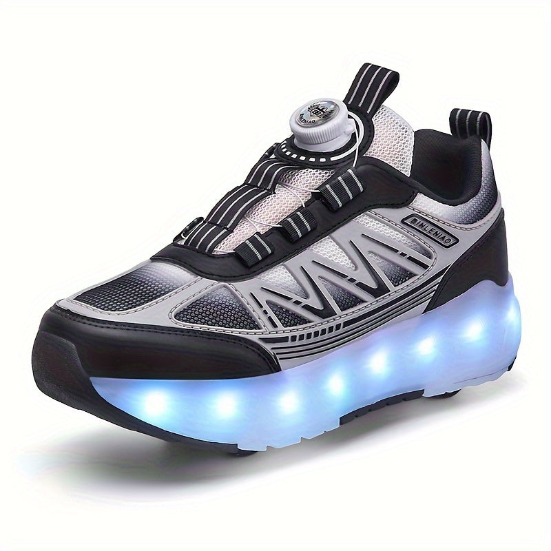 Youth Skate Shoes with LED Lights, Four-Wheel Detachable, Street Fashion, Trendy Style, Random Pattern, All-Season, Sports and Outdoor Scene, Roller Skating, Rotary Buckle Closure, Breathable and Adjustable Brightness, Upper,
