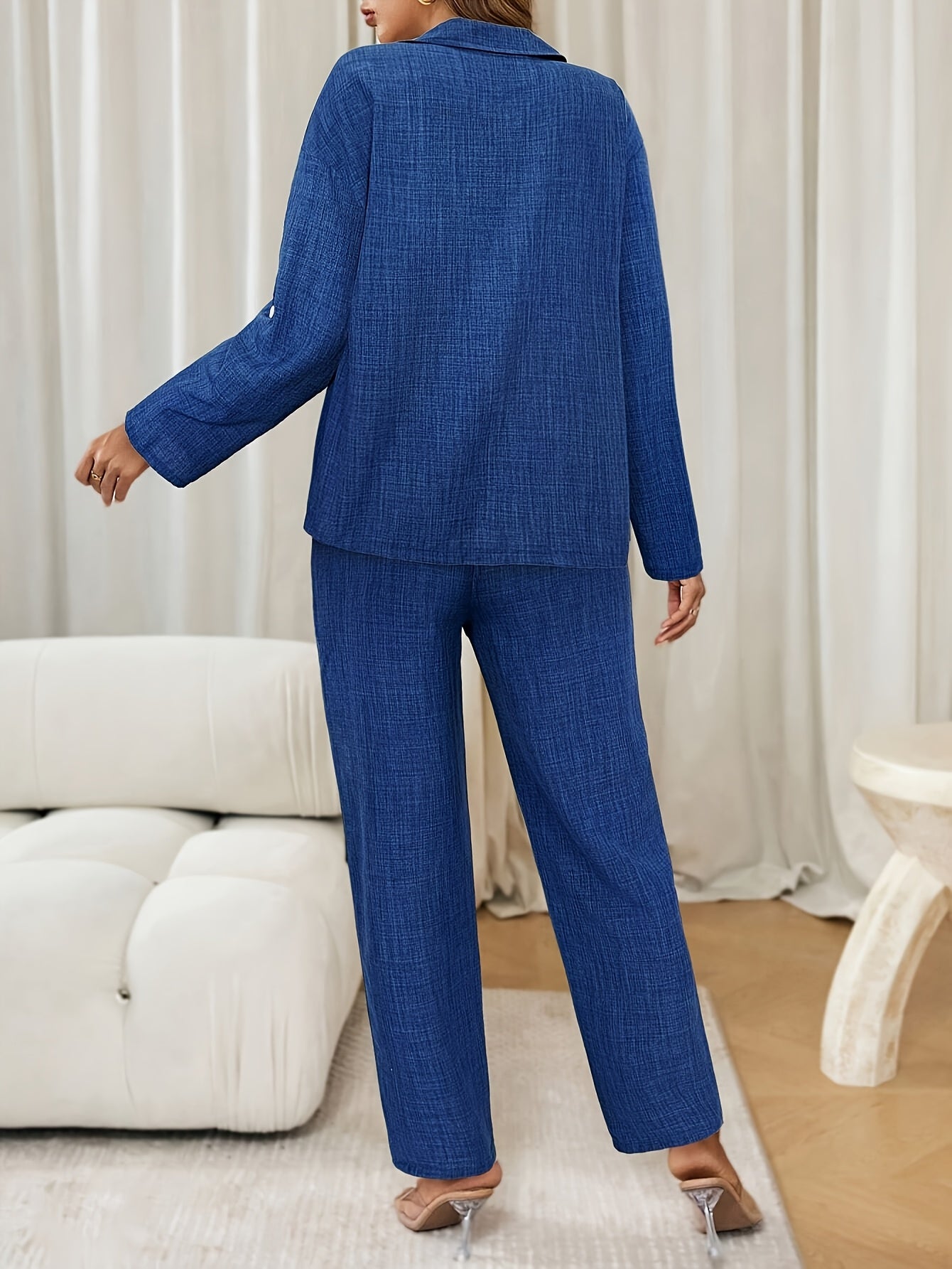 Elegant Women's Two-Piece Outfit: Solid Color Button-Up Shirt & Wide-Leg Pants Set - Polyester, Machine Washable - Perfect for Spring/Fall
