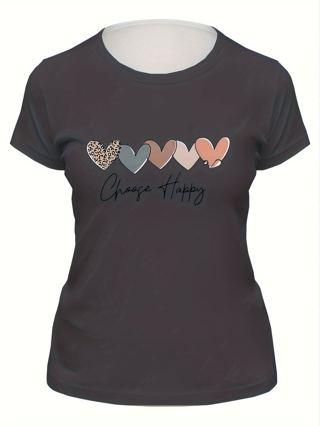 Women's Casual Sport T-Shirt, Round Neck, Heart And Happy Print, Short Sleeve, Soft Knit