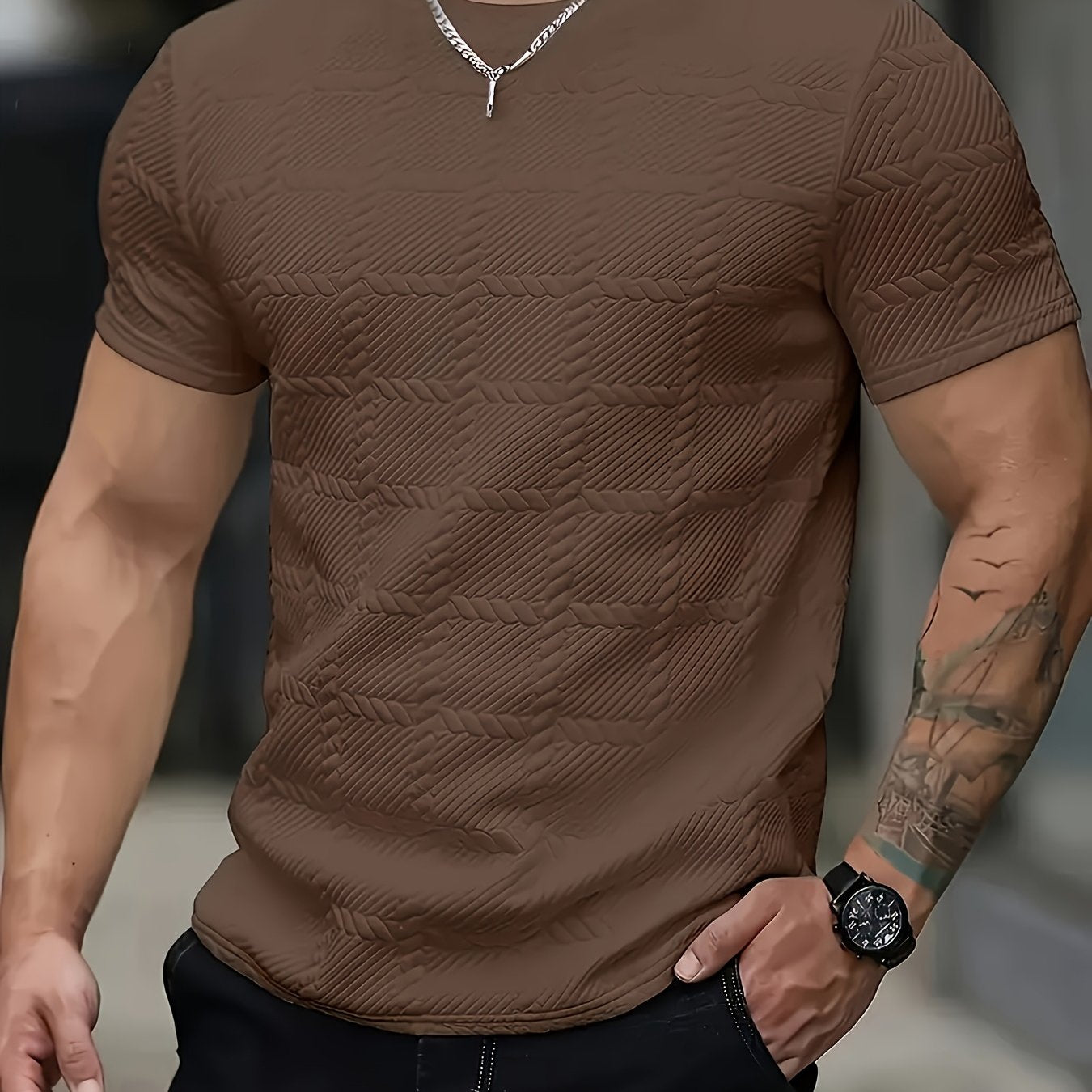 Men'S Casual Jacquard Knit Short-Sleeve T-Shirt - Featuring a Stylish Geometric Pattern, Round Neck, Comfortable for All Seasons, Perfect for Casual Wear.