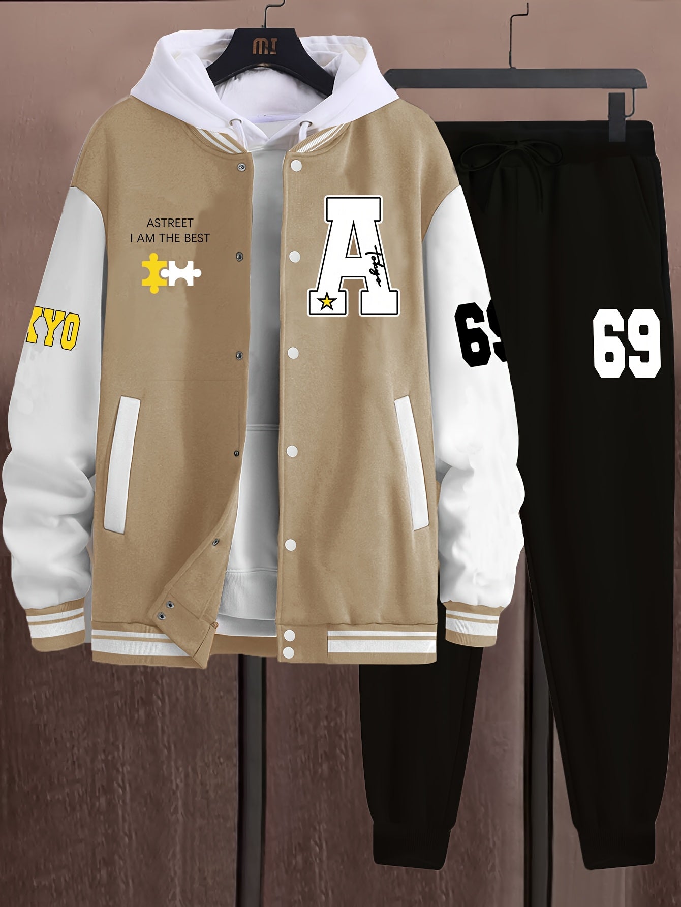 Athleisure Essential, Men's Casual 69pcs Set: Color Block Varsity Jacket & Joggers with A-69 Print - Polyester, Baseball Collar, Pockets - Perfect for Fall/Winter