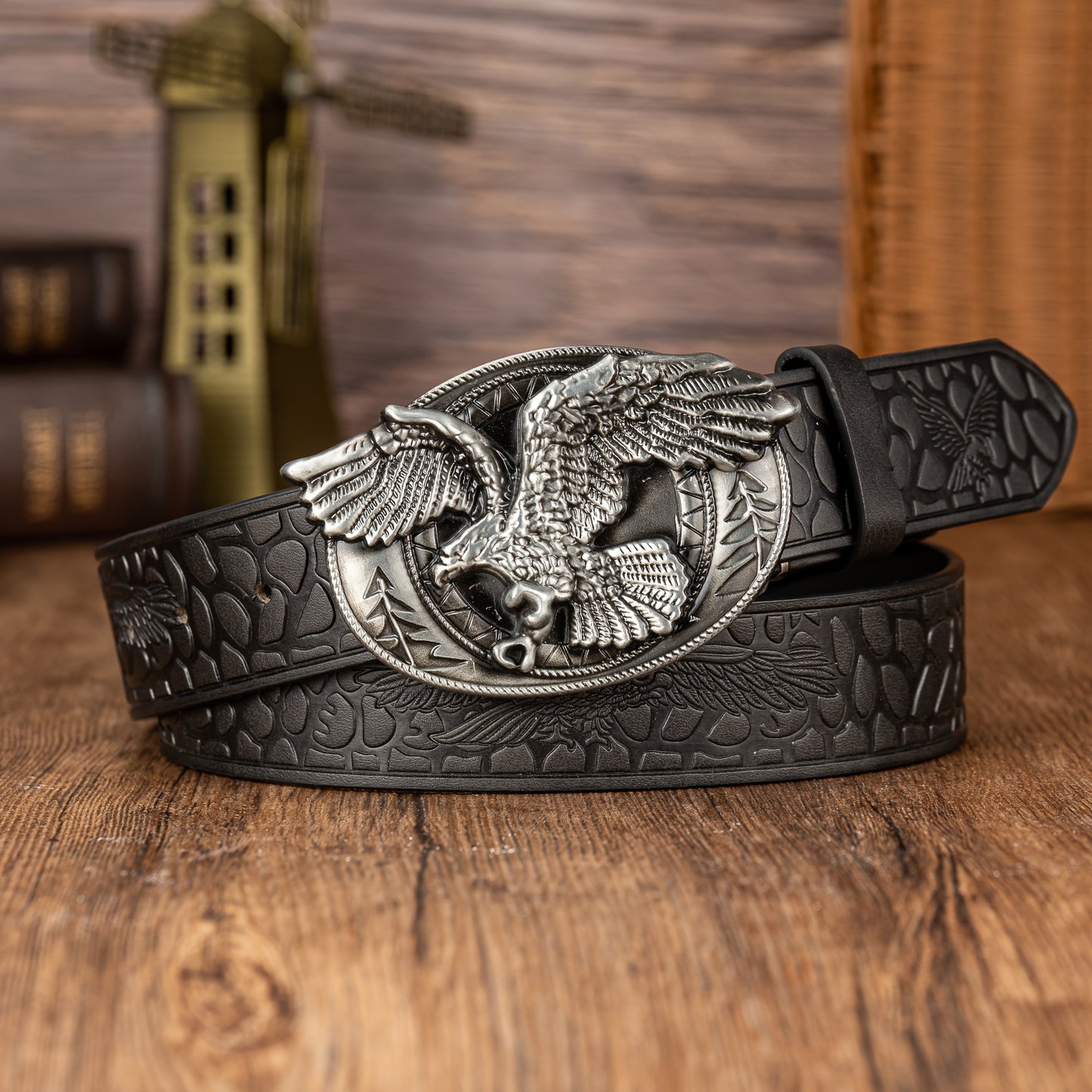 Oval Eagle Large Buckle Belt, Embossed PU Leather Belt, Men's Belt, Ideal choice for Gifts