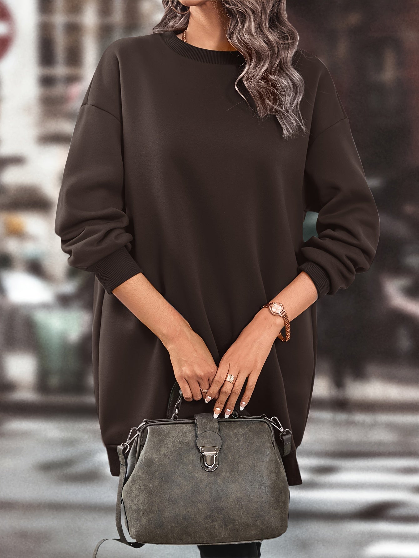 Elegant Women'S Fleece-Lined Sweatshirt Dress - Polyester Knit Fabric, Solid Color, Crew Neck, All-Season Loose Long Sleeve Casual Wear