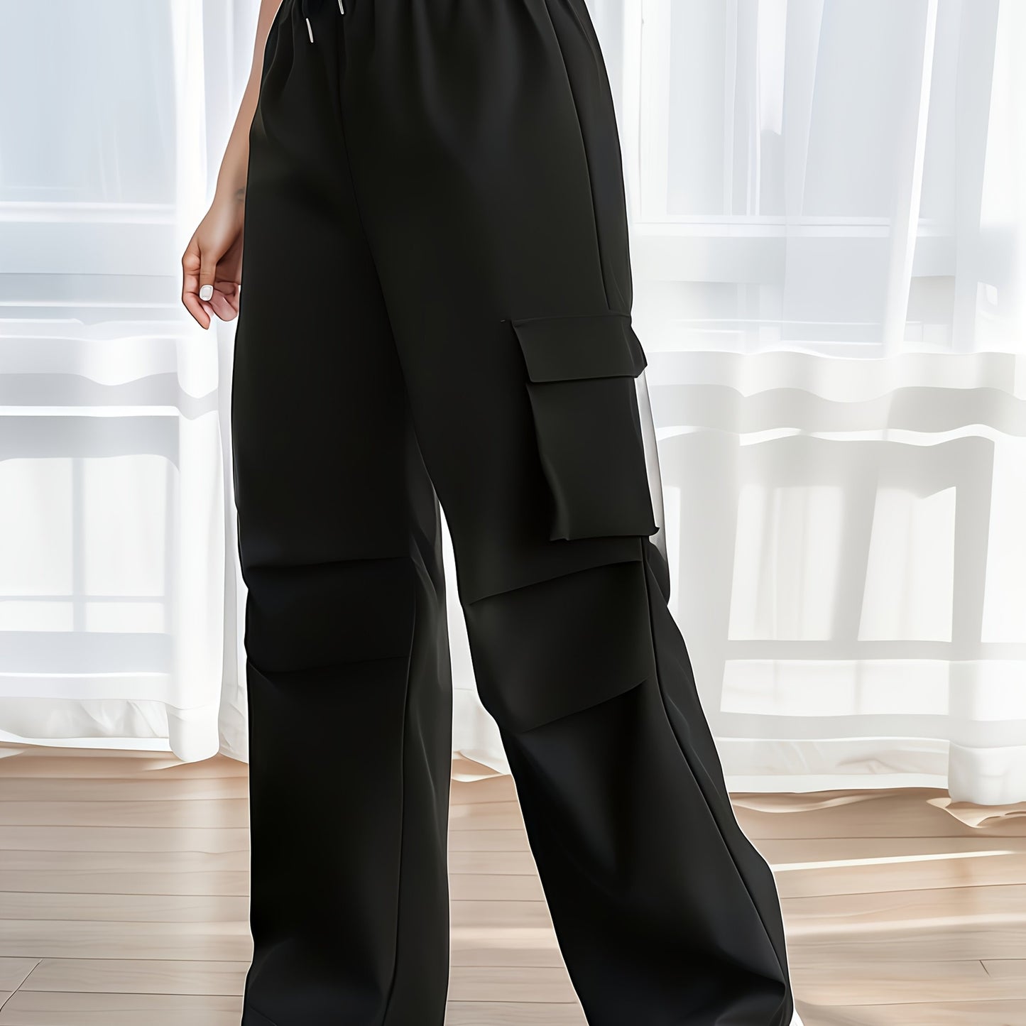 Women's Casual Cargo Pants with Multiple Pockets & Adjustable Drawstring Waist - Black Straight-Leg Workwear-Style Trousers for Spring Summer Fall, Machine Washable Non-Stretch Fabric
