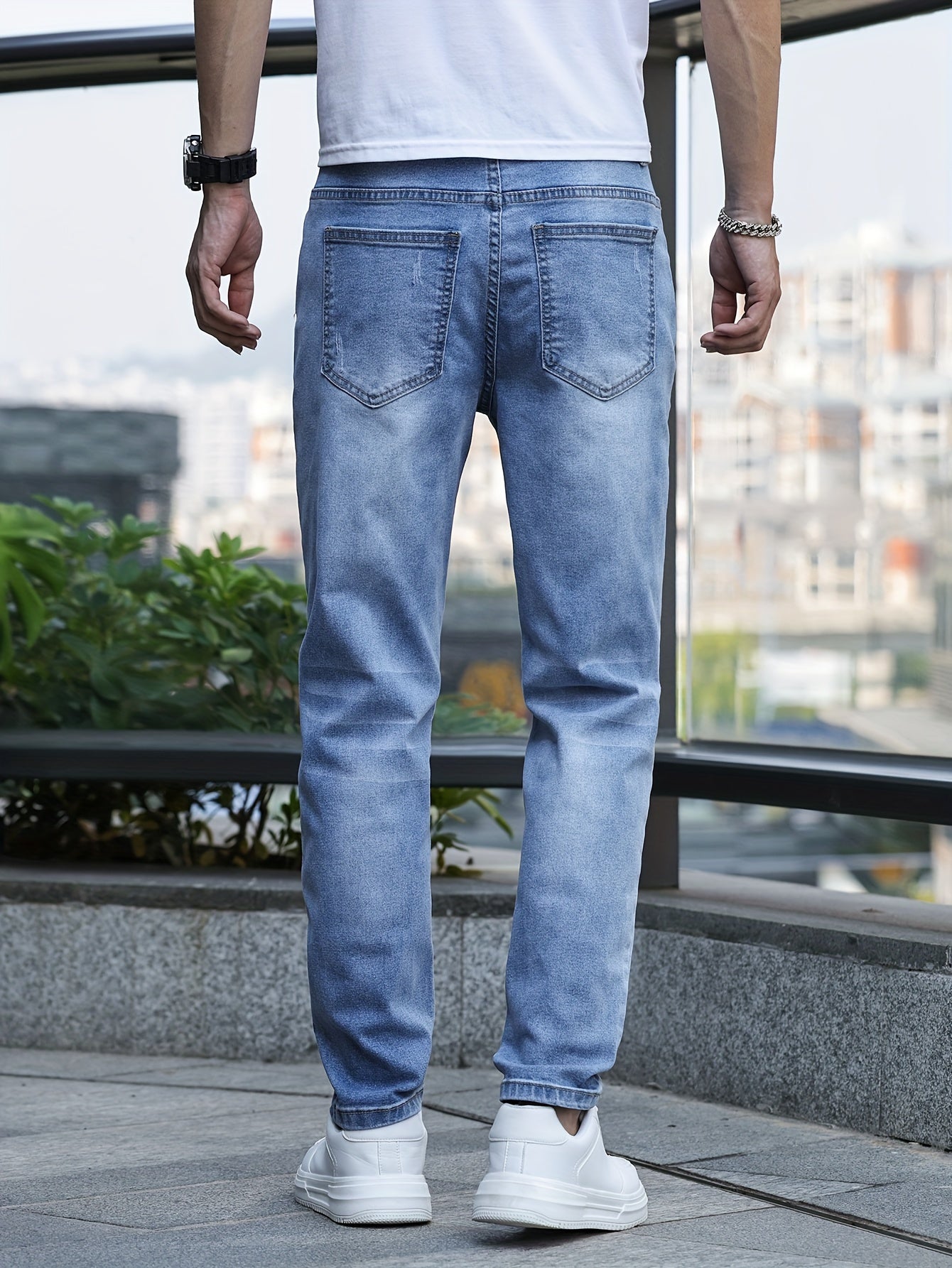 Men's Solid Skinny Cotton Blend Denim Jeans, All Seasons Wearable Medium Stretch Washed Jeans, Suitable For Daily And Outing Wear