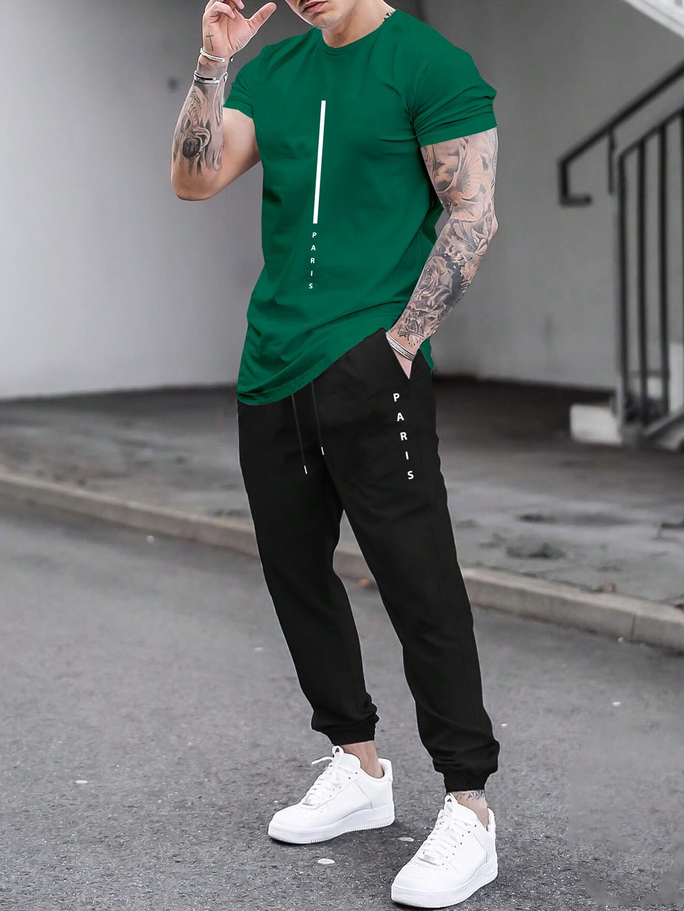 1set Men'S Casual Sportswear Set, Geometric Pattern Short Sleeve T-Shirt and Drawstring Joggers, Knitted Polyester and Elastane Blend, Round Neck, Regular Fit, Four Seasons Outfit