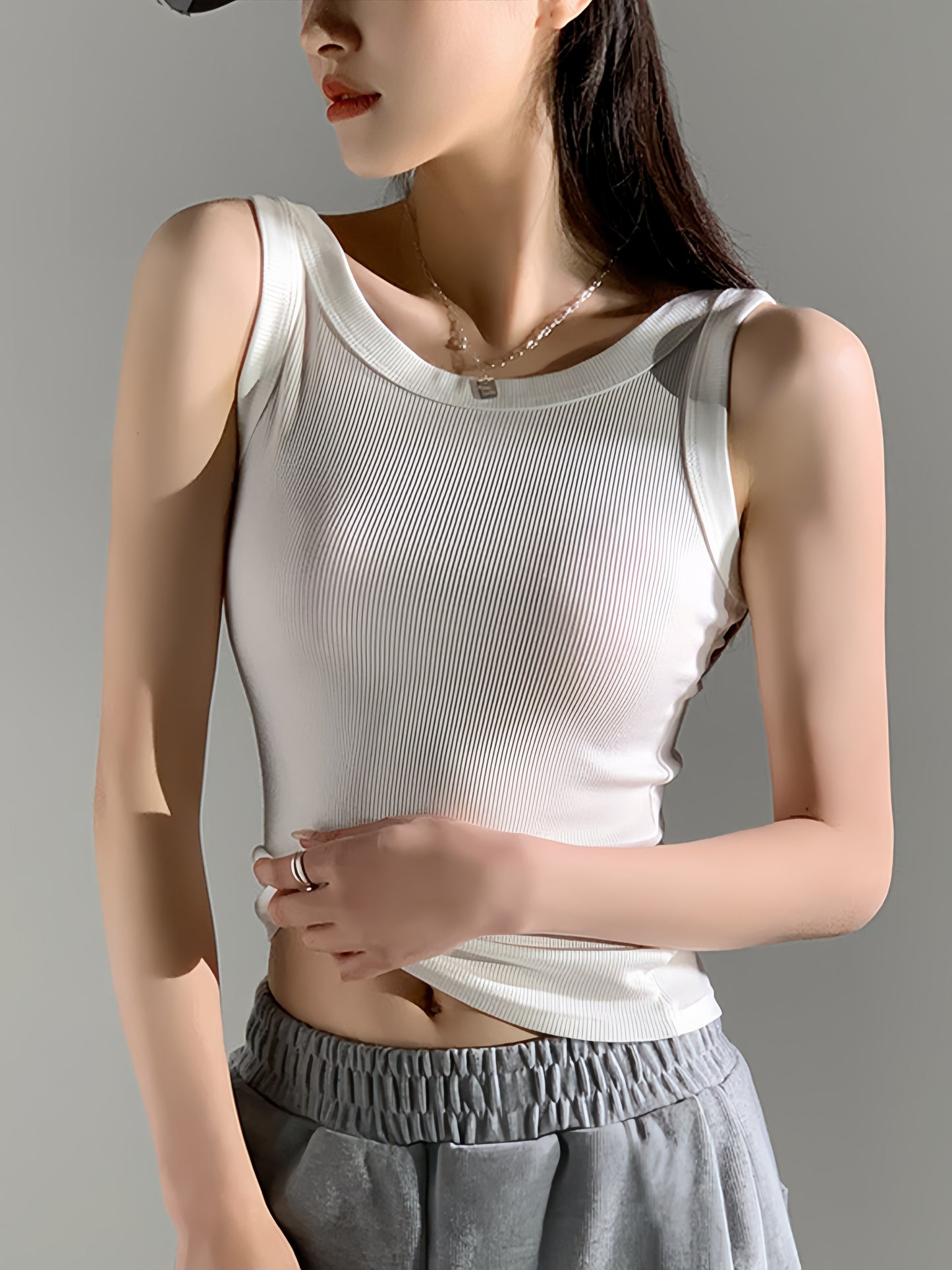 1pc Women'S Casual Ribbed Tank Top, Solid Color Knit Vest with Side Stripe Detail, Low Neck Polyester Camisole for All Seasons, Versatile Layering Piece