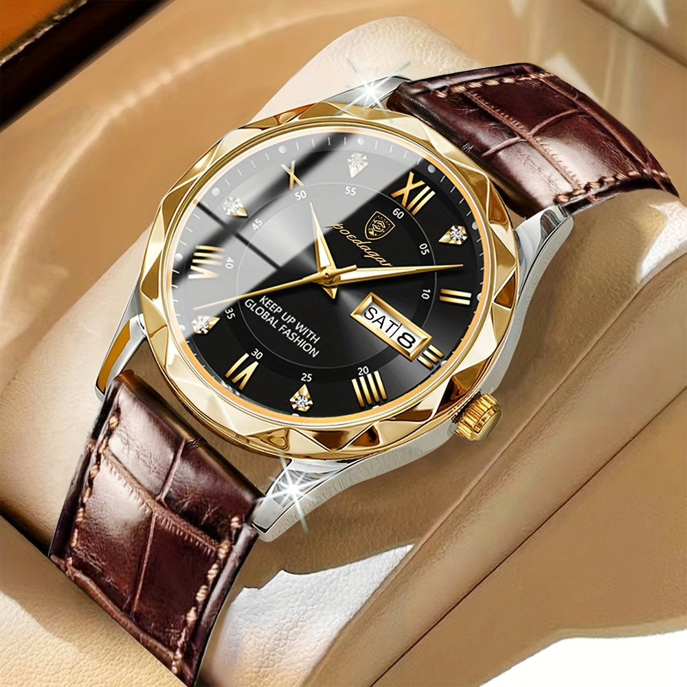 POEDAGAR Men's Casual Fashion Quartz Watch, Water-Resistant 3ATM, Round Alloy Case, Luminous Hands, Calendar Feature, Battery Powered with Electronic Drive, Faux Leather Strap