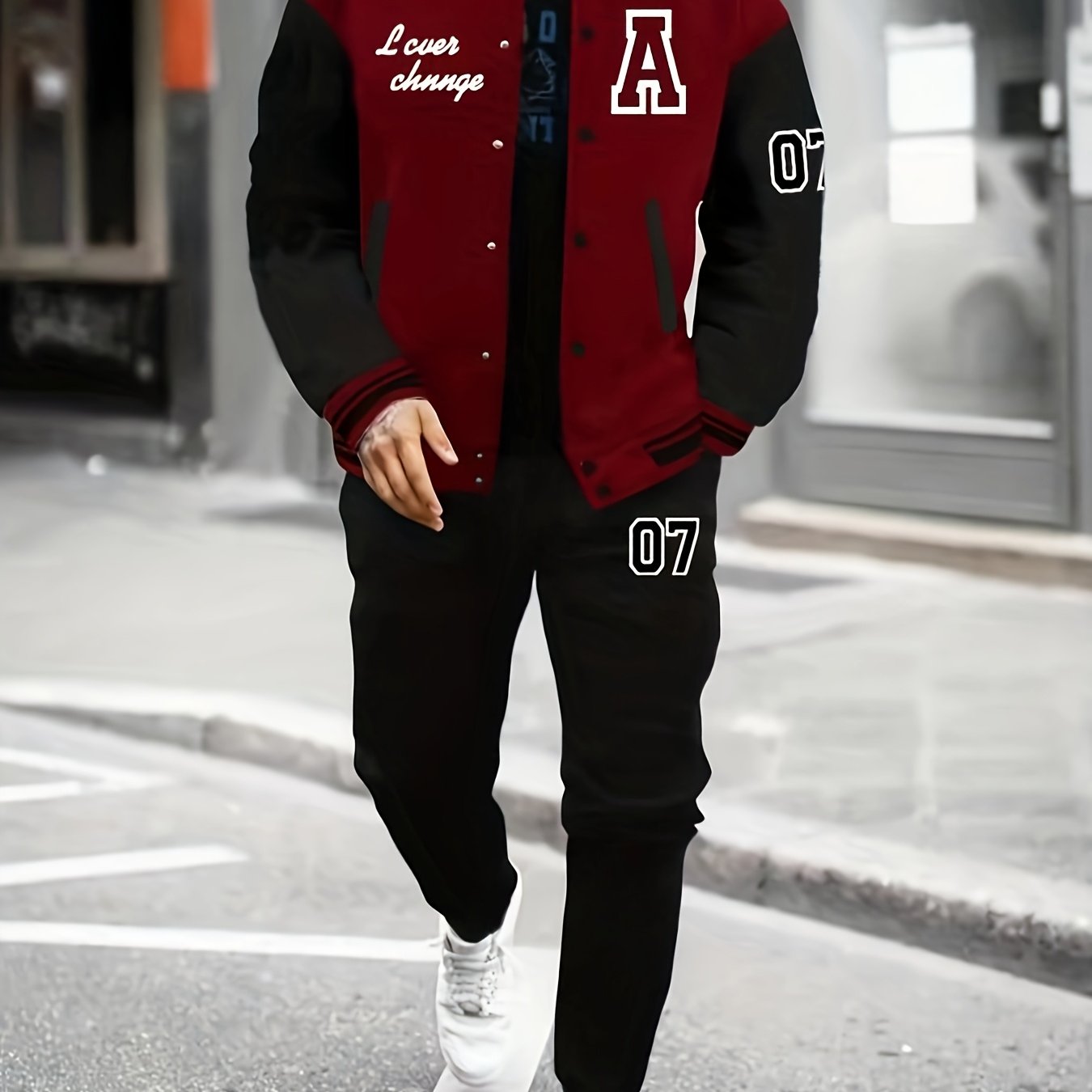 Men'S A07 Sporty Casual Baseball Outfit - Black & White "A" Print Jacket with Pockets, Matching Pants, Polyester Blend, Fall/Winter Wear, Casual Sportswear | Letter Print Jacket | Knit Construction, Baseball Attire