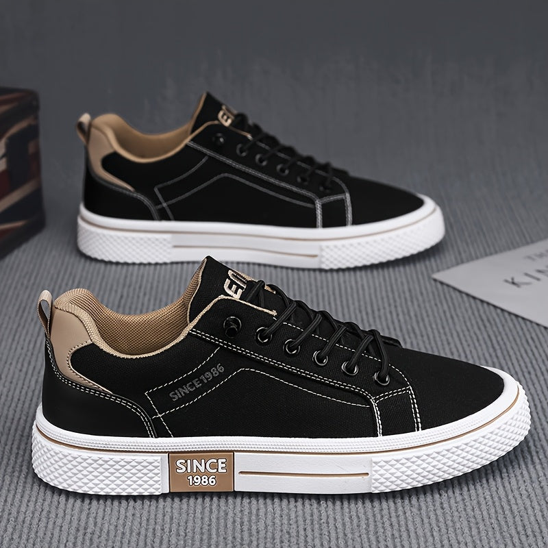 Men's Casual Low-Top Sneakers - Breathable Fabric & Durable PVC Sole, Black & Beige Contrast Design, Lace-Up Round Toe for All-Season Comfort, Versatile for Casual & Semi-Formal Wear, Comfortable Footwear, Fabric Upper