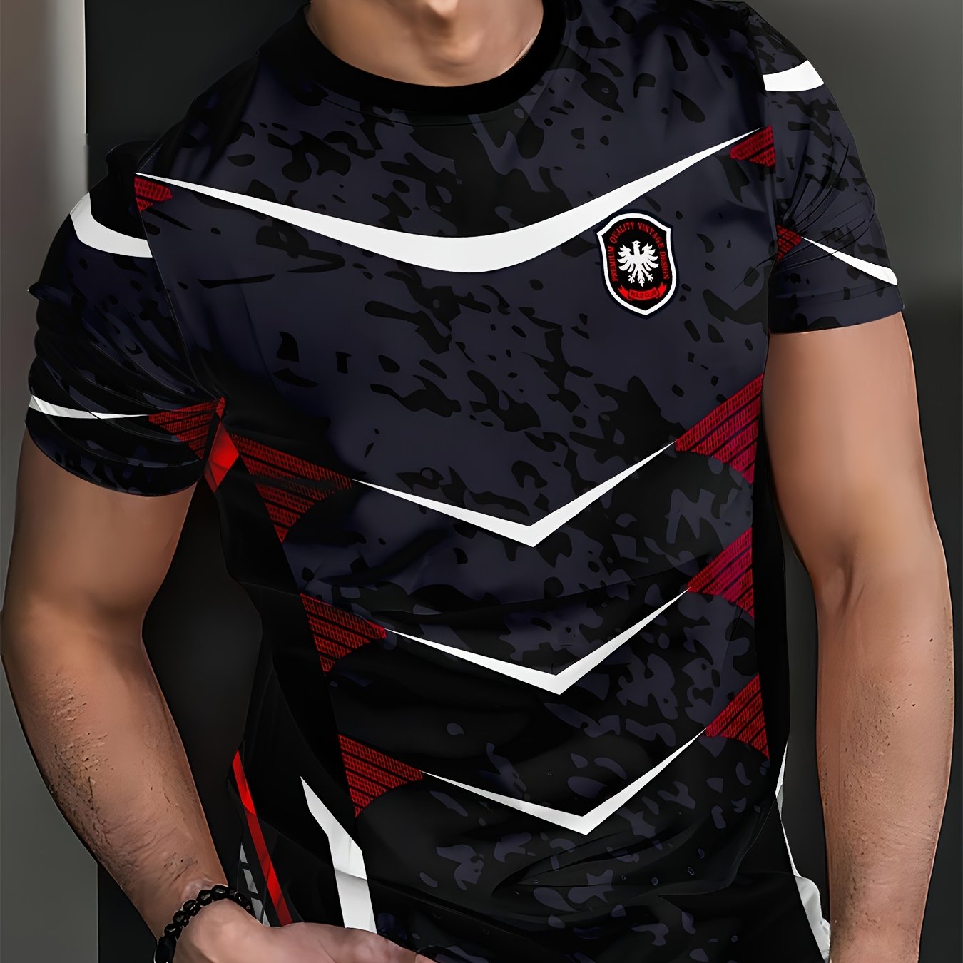 1pc Men'S Athletic Sports T-Shirt - Polyester Crew Neck with Slight Stretch, Patterned Knit Fabric, Casual Summer Top for Fitness & Training