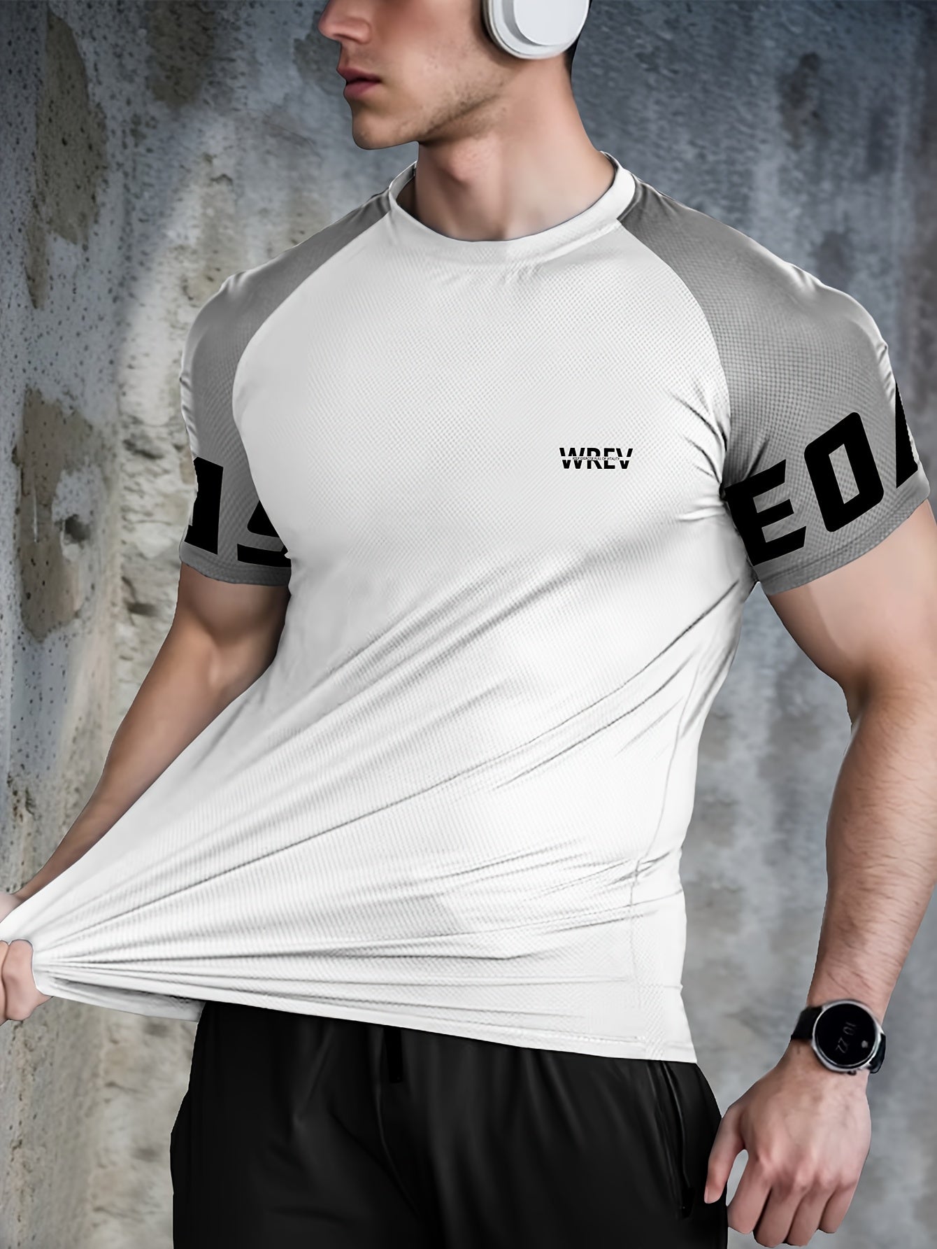Men's Quick-Dry Breathable Mesh Sports T-Shirt - Summer Gym Workout Top with Contrast Black & White Sleeves & for Man Letter Print, Slim Fit for Running Training Casual Wear, Breathable Running Gear | Sporty Casual Tee | Mesh