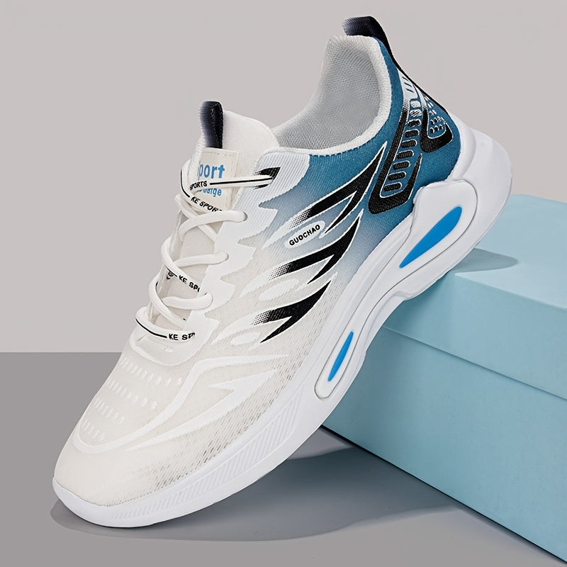 Men's Breathable Athletic Sneakers - Stylish Color Block Design with Blue Accents, Lightweight Running Shoes for Outdoor Activities and Casual Wear, Rubber Sole Footwear, Fabric Upper