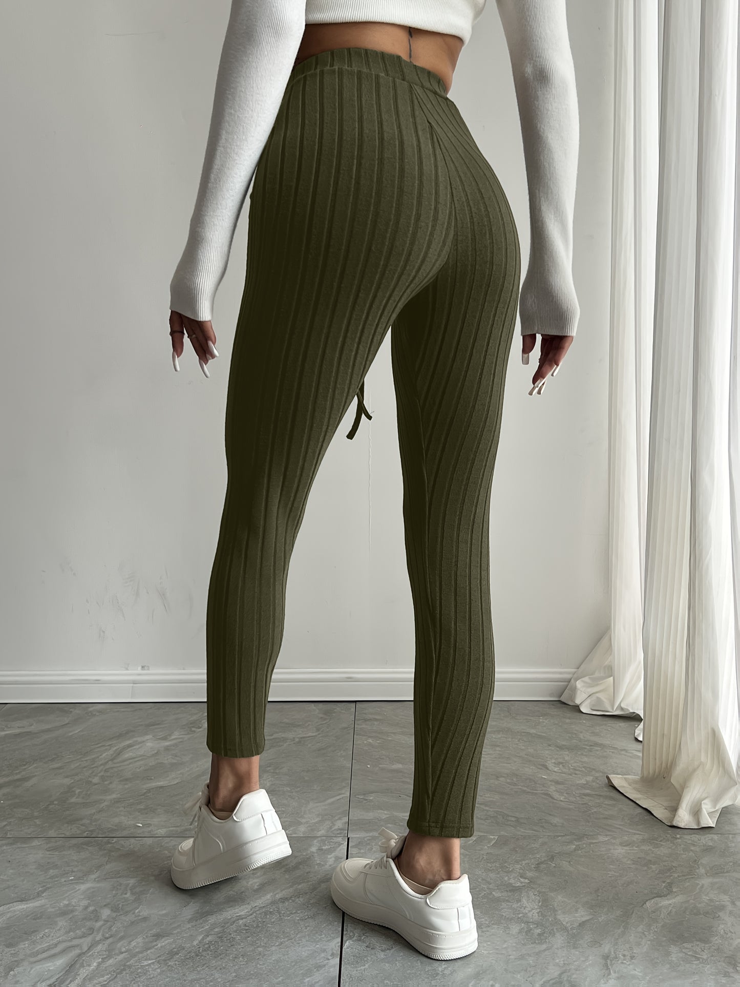 High-Waisted Drawstring Skinny Knitted Pants For Everyday Wear - Solid Color Women's Casual Clothing