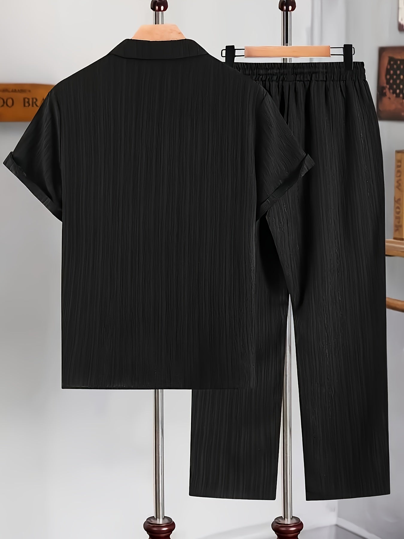 2pcs Men'S Casual Summer Set - Short Sleeve Button-Up Cuban Collar Shirt and Drawstring Waist Pants, Polyester Blend, Solid Color, Regular Fit, Breathable Fabric, Lightweight for Daily Wear