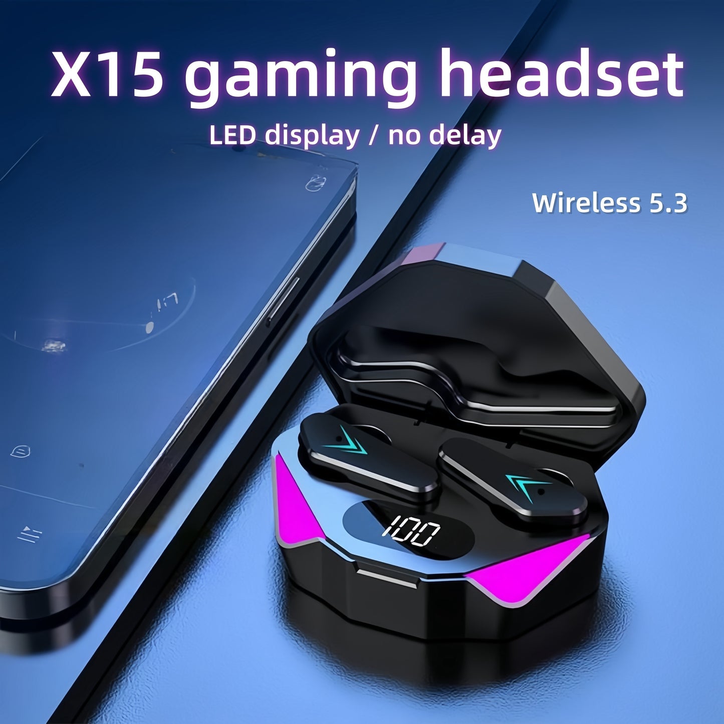 Bluetours X15 Wireless Earbuds with Colorful LED Lights - Intelligent Digital Display, Extended Playtime, Clear Call Quality, Low Latency, Ideal for Gaming & Outdoor Use - No Charger Included, Gaming Headphones | LED Light Ea