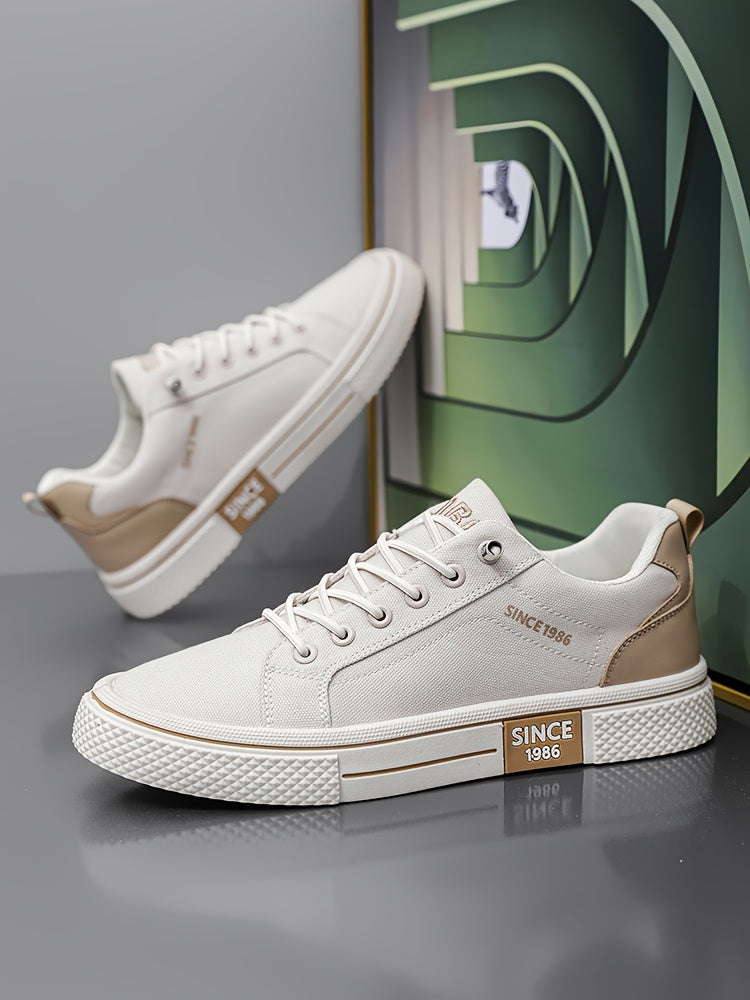 Men's Casual Low-Top Sneakers - Breathable Fabric & Durable PVC Sole, Black & Beige Contrast Design, Lace-Up Round Toe for All-Season Comfort, Versatile for Casual & Semi-Formal Wear, Comfortable Footwear, Fabric Upper