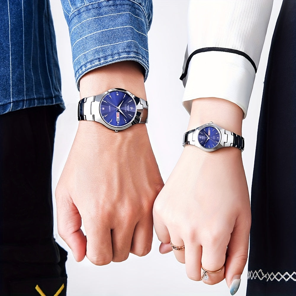 2pcs Couple Watches for Men & Women - Stainless Steel Strap, Rhinestone Accents, Luminous HD Display with Week Calendar, Quartz Movement, Elegant Gift for Valentine's Day, Mother's Day, Father's Day, Special Occasion Watch |