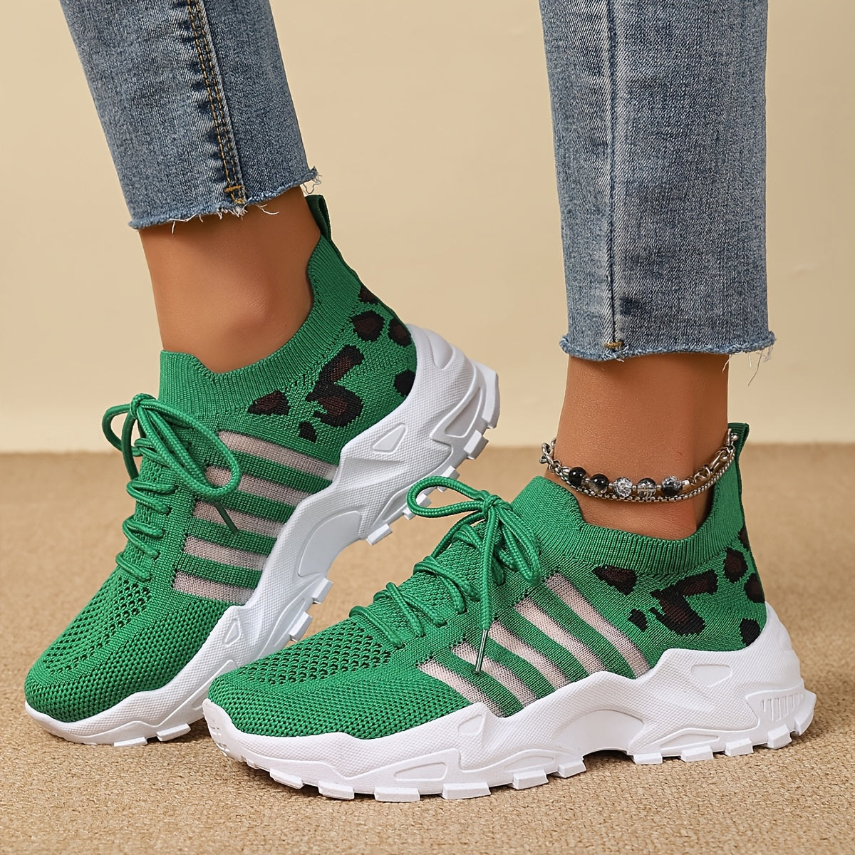 Women's Fashion Leopard Print Lace-Up Sneakers, Breathable Mesh Walking Shoes for Spring/Summer, Lightweight Comfortable Casual Sports Control Footwear with PVC Sole and Microfiber Insole