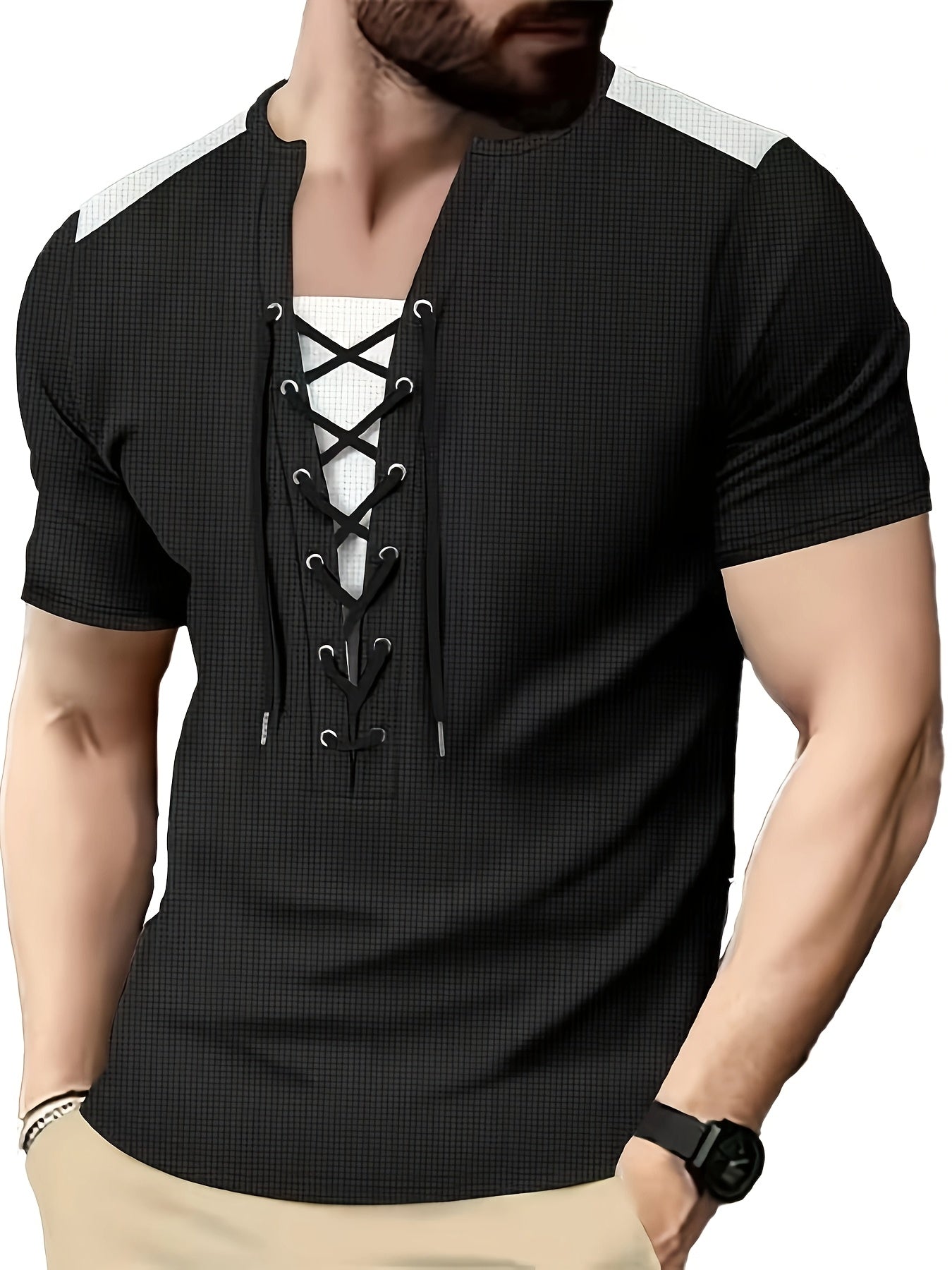 Men'S Casual Waffle Knit Short Sleeve T-Shirt with Drawstring Detail - Maroon & Black, Round Neck, Breathable Polyester Fabric for Summer Outings, Casual Weekend Wear | Round Neck Tee | Stylish Contrast Stitchin