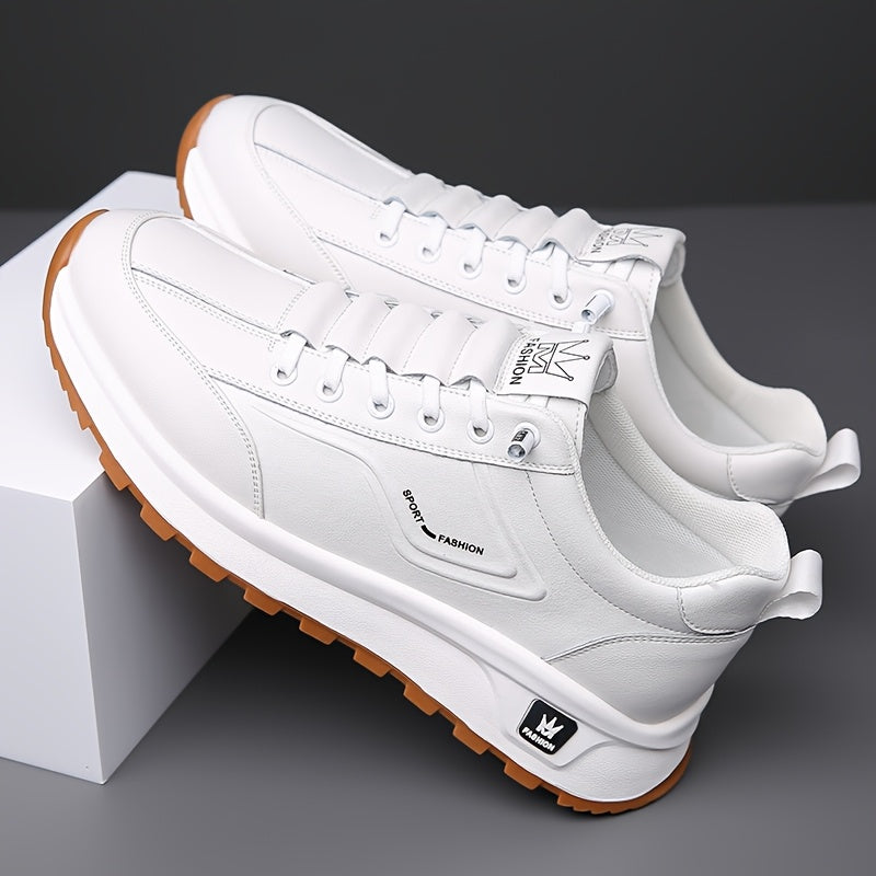 Men's All-Season Breathable White Sneakers - Casual & Sporty, Non-Slip Soft Rubber Sole, Low-Top Design with Pull Tab, Comfortable Microfiber Upper for Casual Attire
