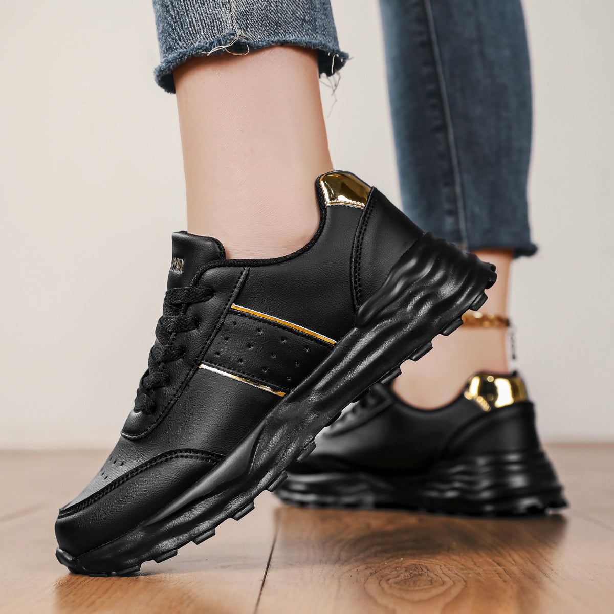 DJSUNNYMIX Women's Casual Running Shoes with Golden Glitter Accents - Lightweight EVA Sole, Breathable Fabric Lining, Low-Top Lace-Up Design for All-Season Comfort & Style, Sporty Footwear | Flexible Footwear