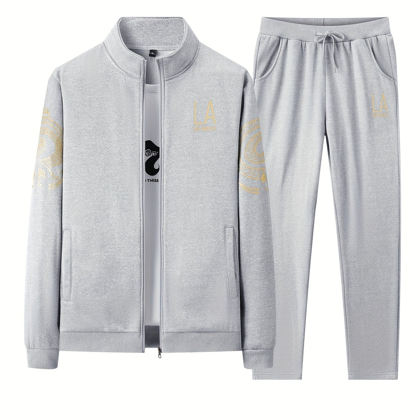 Men's Casual Print Sweatshirt & Joggers Set - Polyester, Stand Collar, Zip-Up Jacket for Spring/Fall