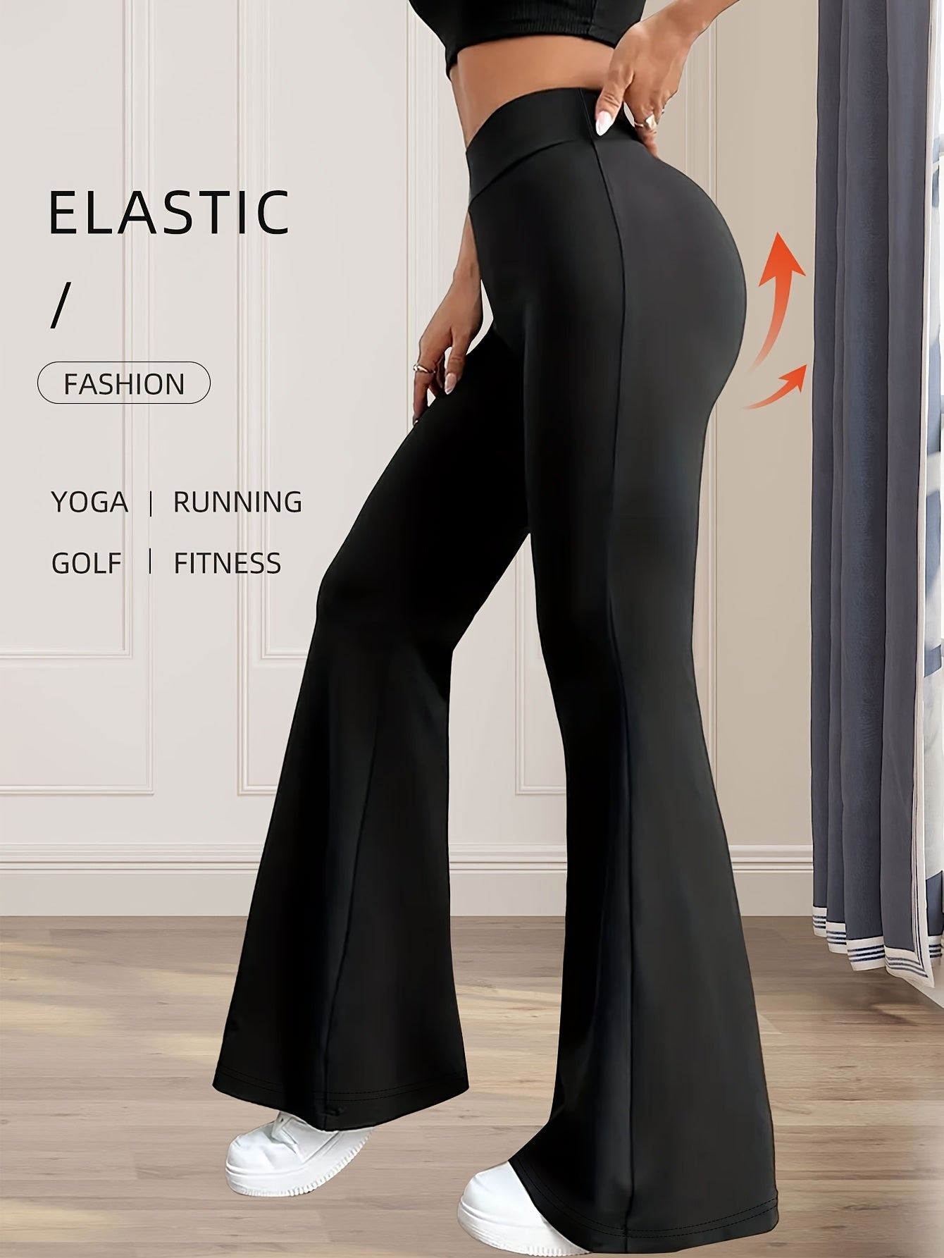 High-Waisted Flared Leggings for Women - Stretchy Black Polyester Pants with Tummy Control, Slimming Fit, and Breathable Design for Spring/Summer/Fall Casual Wear, Spring Summer Leggings | Fitted Leggings | Elastic Waistband