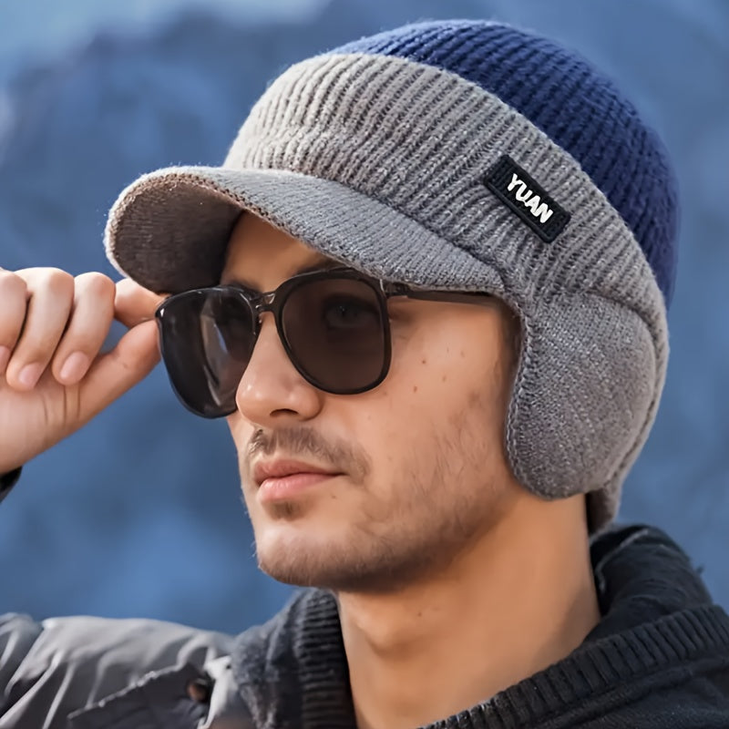 Men'S Winter Ear-Protecting Knitted Cap with Fleece, Warm Duckbill Hat for Outdoor Youth Cycling in a Color-Block Design.