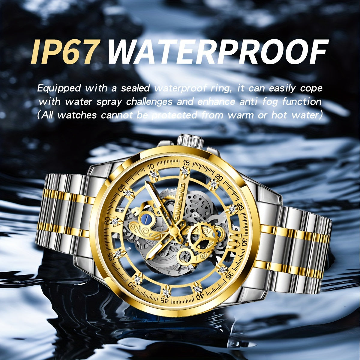 BINBOND Men's Sleek Golden-Tone Quartz Watch - Transparent Dual-Sided Hollow Design, Waterproof with Luminous Hands, Stainless Steel Band, Ideal Gift