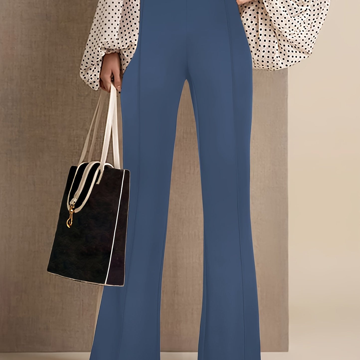 Elegant Women's Navy Blue Straight-Leg Pants with Golden Metal Accent Buttons - Chic & Versatile, High-Waisted, Polyester Blend, Machine Washable - Perfect for Work & Everyday Elegance