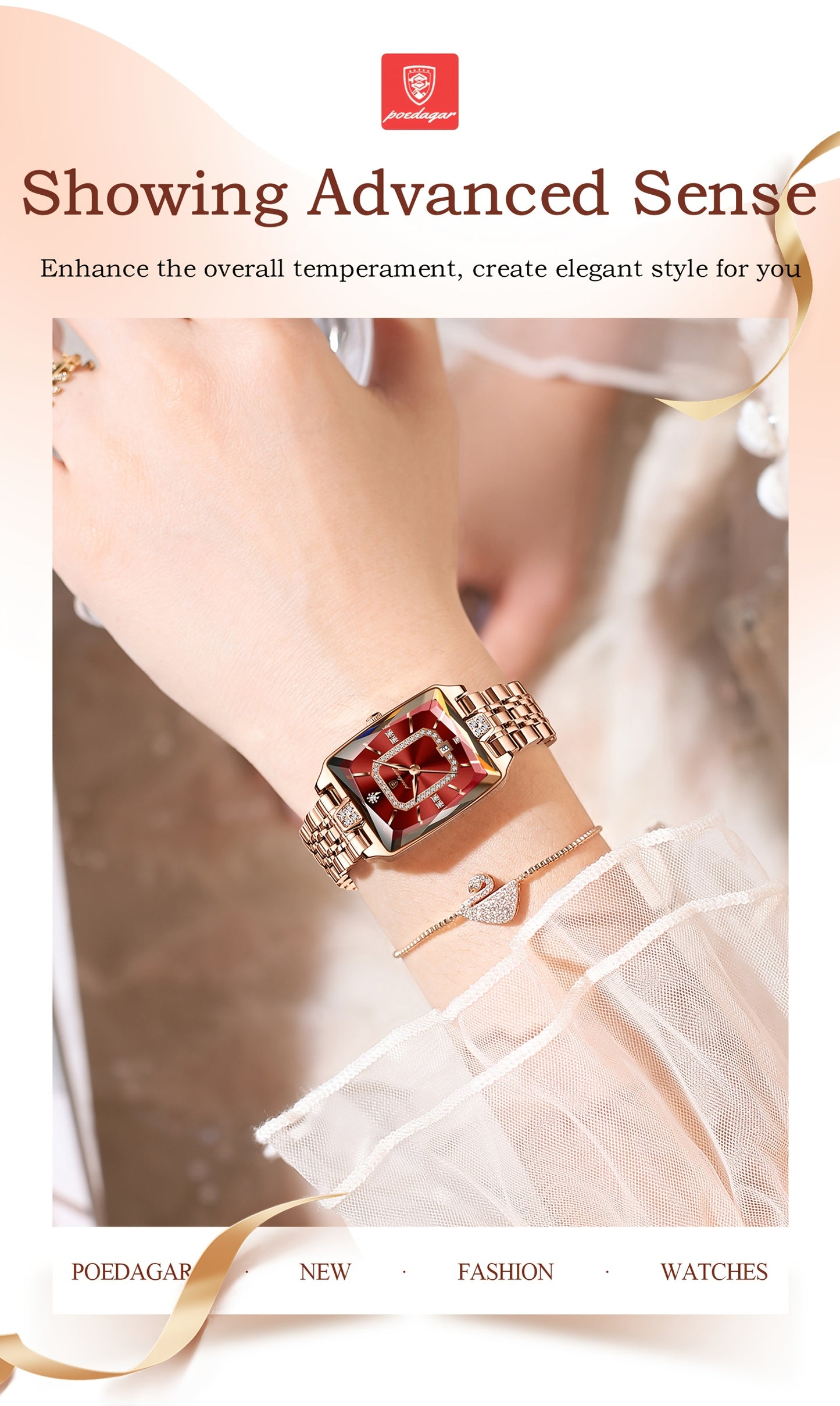 POEDAGAR Elegant Women's Quartz Watch - Rose Golden Stainless Steel, (3ATM), Square Dial with Gemstone Accents, Date Display, Luxury Fashion Accessory for Casual or Formal Occasions