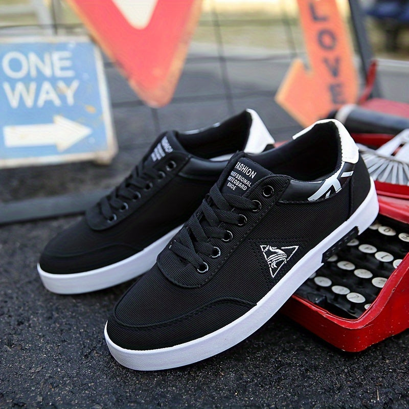 Men's Classic Lace-Up Sneakers - Breathable Canvas Walking Shoes with Non-Slip Rubber Sole, Comfortable for All Seasons, Casual & Sporty, Black with White Accents