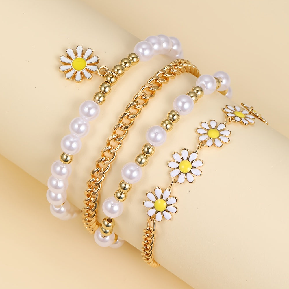 4pcss Summer New Casual Party Small Golden Bead Pearl Bracelet Set, 4pcss Bohemian Beach Daisy Bracelet for Women, Perfect for Gifting.